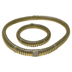 Vintage Cartier Tubogas collar necklace and bracelet set with diamonds