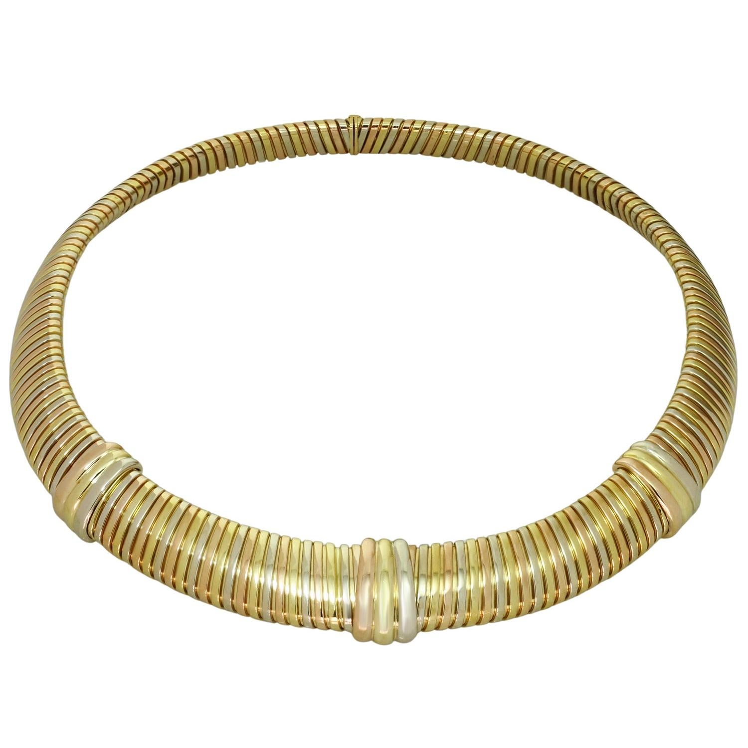 Women's or Men's CARTIER Tubogas Trinity 18k Tri-Gold Vintage 1980s Collar Necklace  For Sale