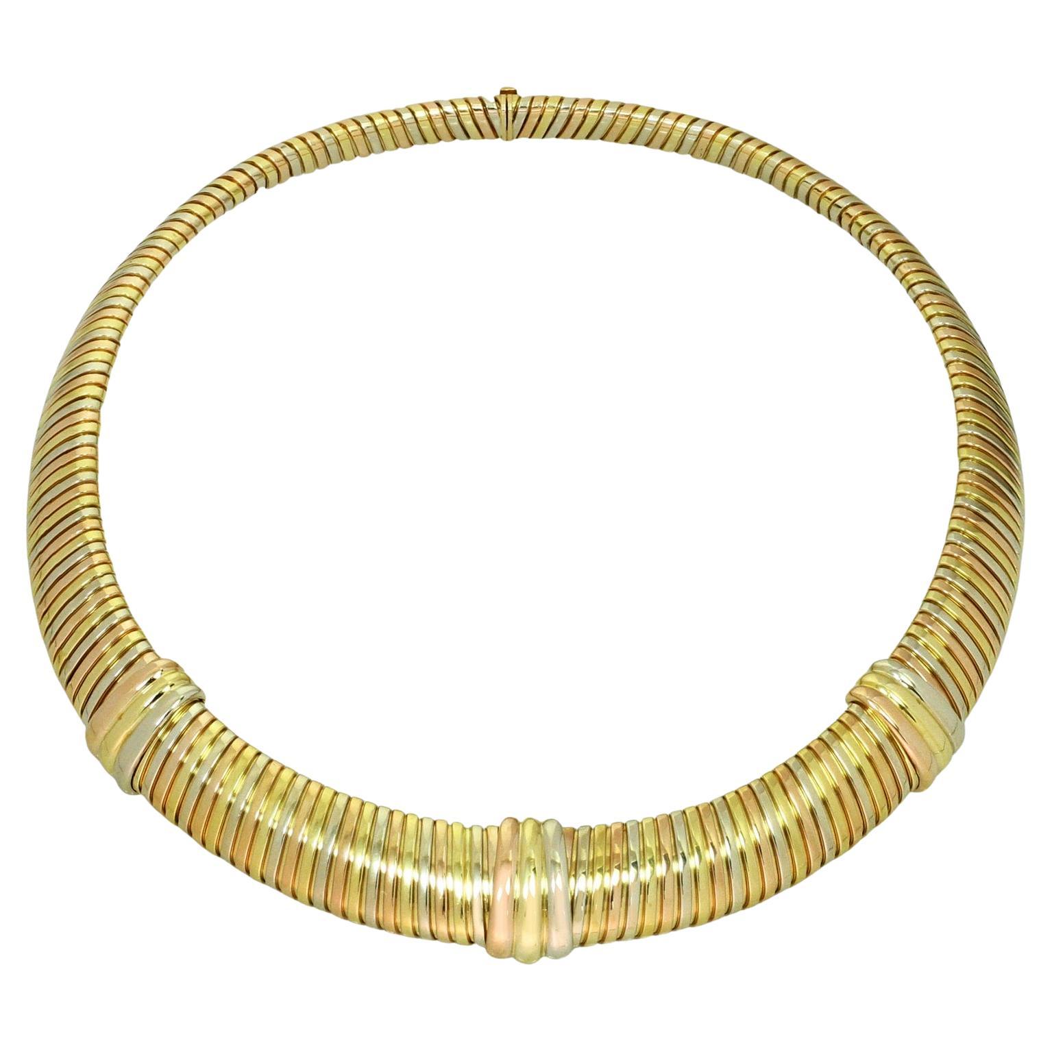 CARTIER Tubogas Trinity 18k Tri-Gold Vintage 1980s Collar Necklace  For Sale