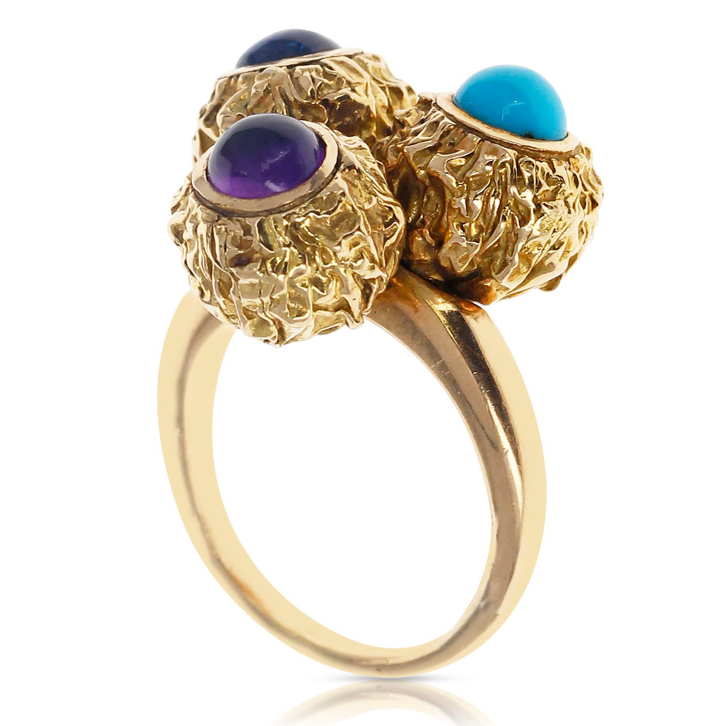 Cartier Turquoise, Amethyst, Sapphire Cabochon Trio Ring, 18k Textured Gold In Excellent Condition For Sale In New York, NY
