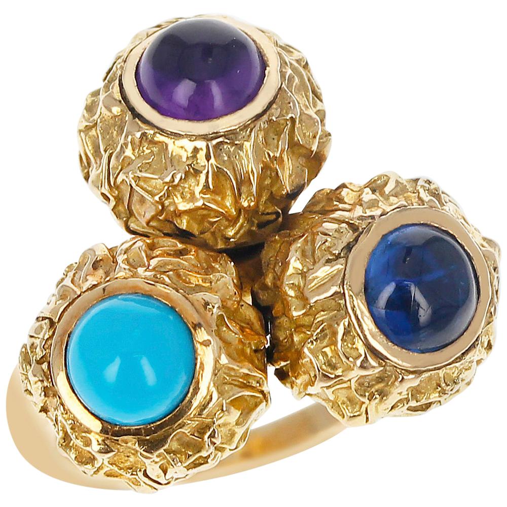 Cartier Turquoise, Amethyst, Sapphire Cabochon Trio Ring, 18k Textured Gold For Sale