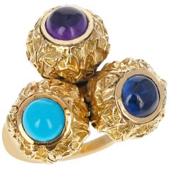 Cartier Turquoise, Amethyst, Sapphire Cabochon Trio Ring, 18k Textured Gold