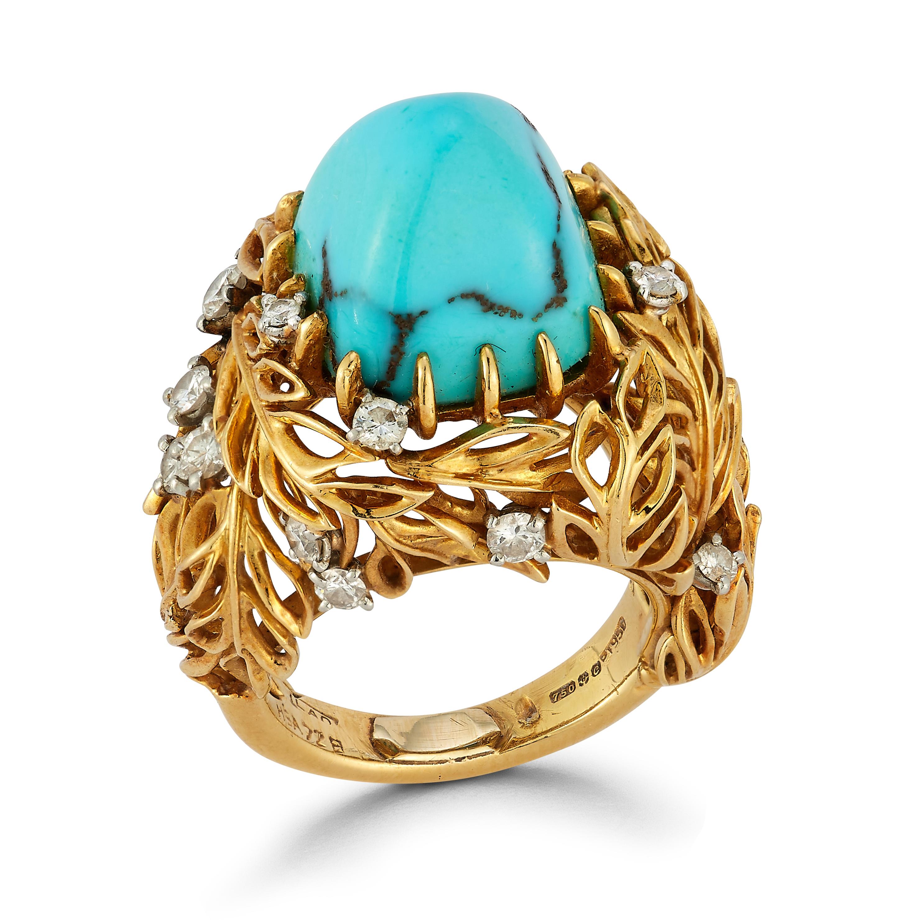 Cartier Turquoise and Diamond Ring

A turquoise set with round cut diamonds set in 18 karat yellow gold in carved leaf motif.

With Certificate of authenticity stating it was made in 1970

Signed and numbered

Ring Size: 5.25

Resizable free of