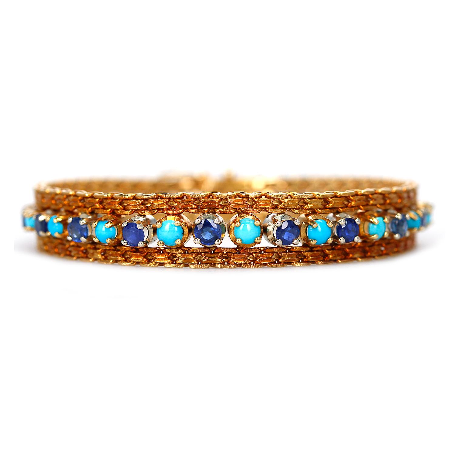 A Cartier Turquoise and Sapphire Bracelet made in 18 Karat Gold. The stones are increasing in size towards the middle of the bracelet. The bracelet has Turquoise Cabochons and Sapphire Cut Stones, all round. The length is 7.25