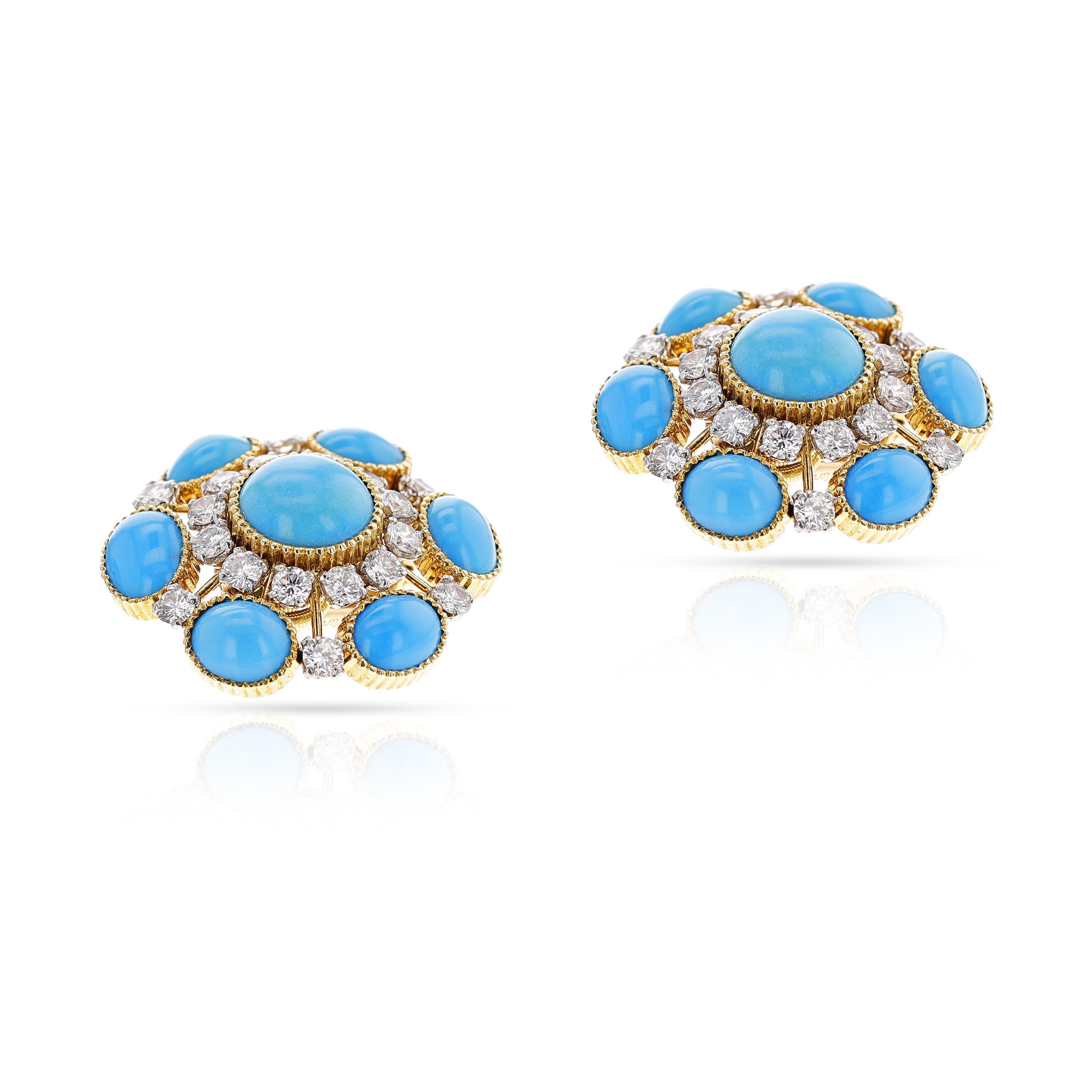 Cartier Turquoise Cabochon and Diamond Earrings. Signed and numbered. Total Weight: 19.90 grams. Length: 1