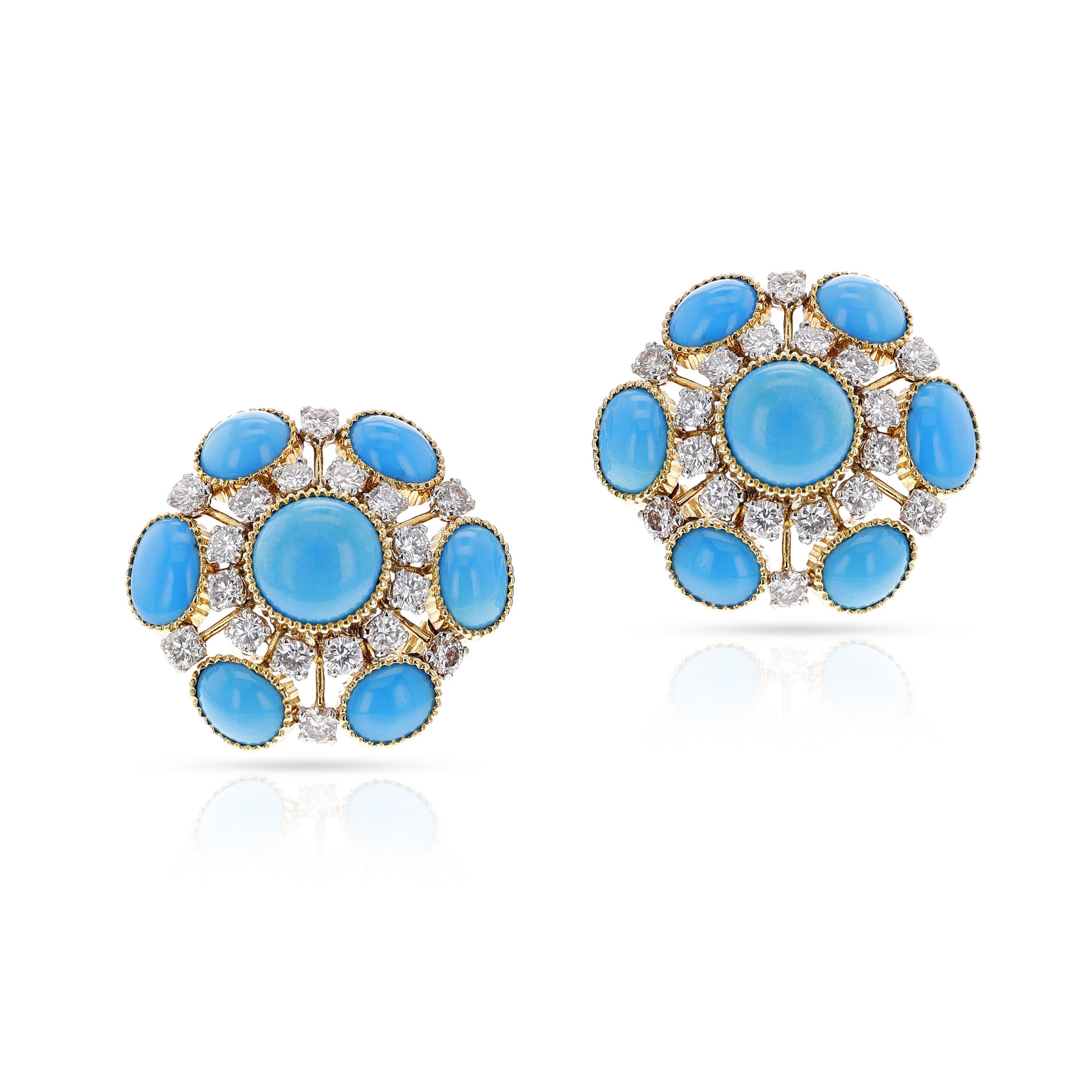 Cartier Turquoise Cabochon and Diamond Earrings In Excellent Condition For Sale In New York, NY