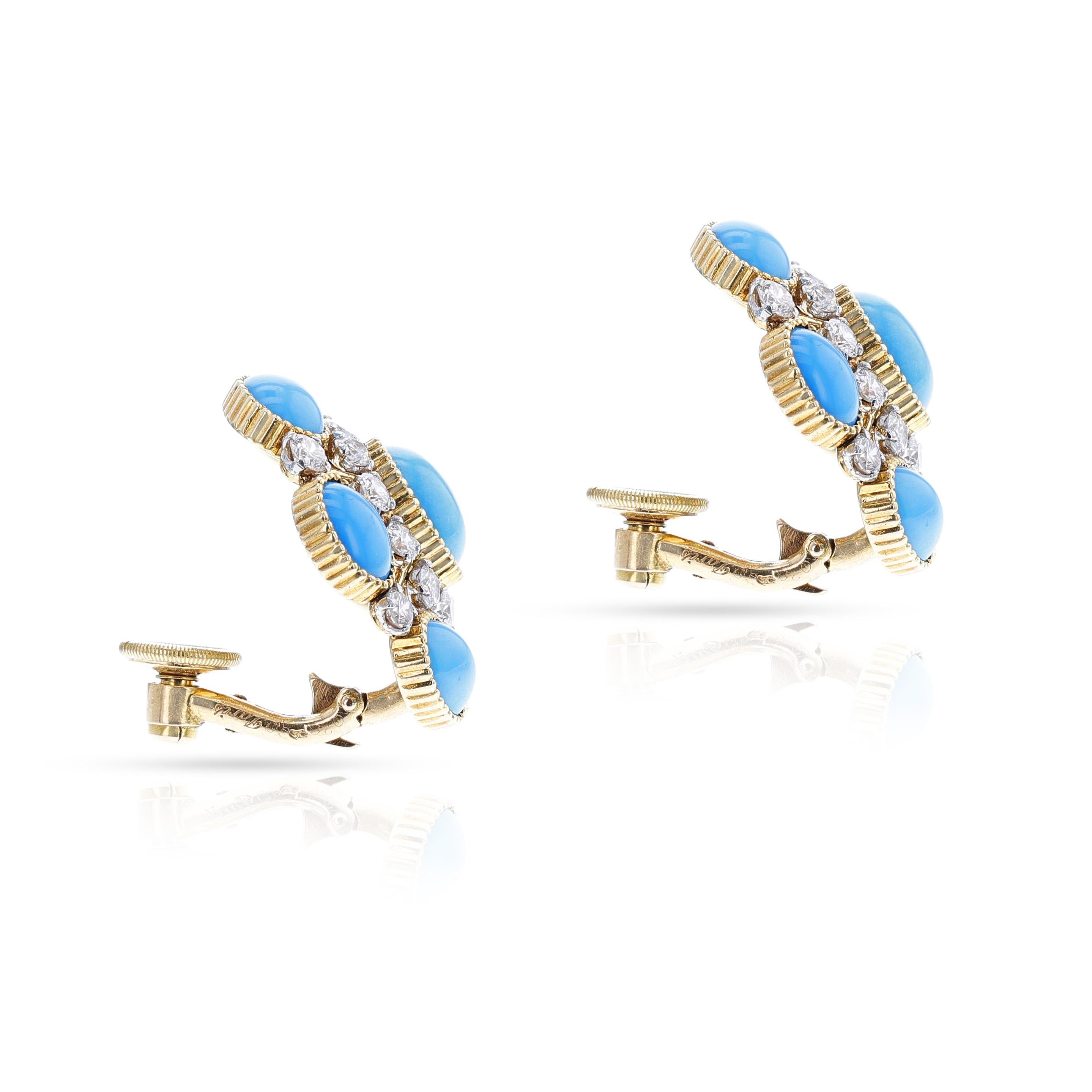 Women's or Men's Cartier Turquoise Cabochon and Diamond Earrings For Sale