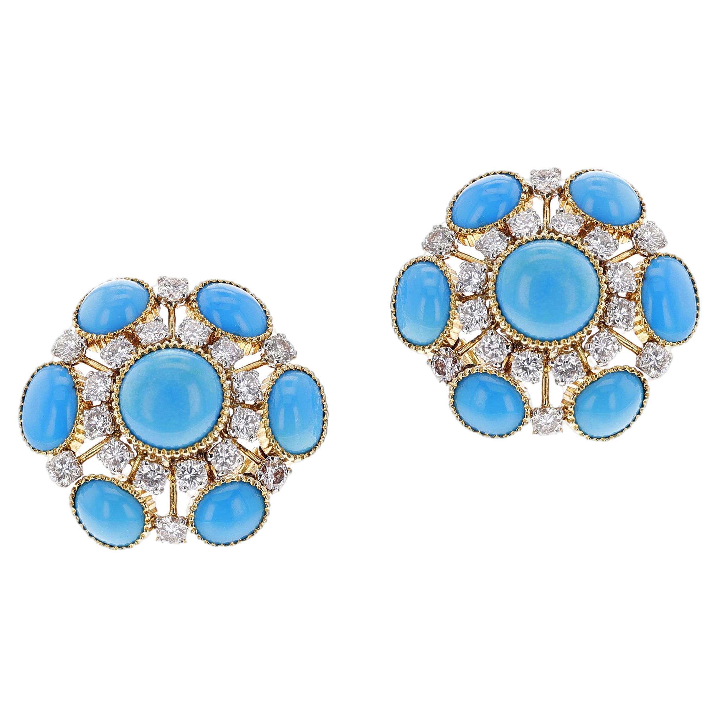 Cartier Turquoise Cabochon and Diamond Earrings For Sale