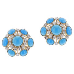 Vintage Cartier Turquoise Cabochon and Diamond Earrings