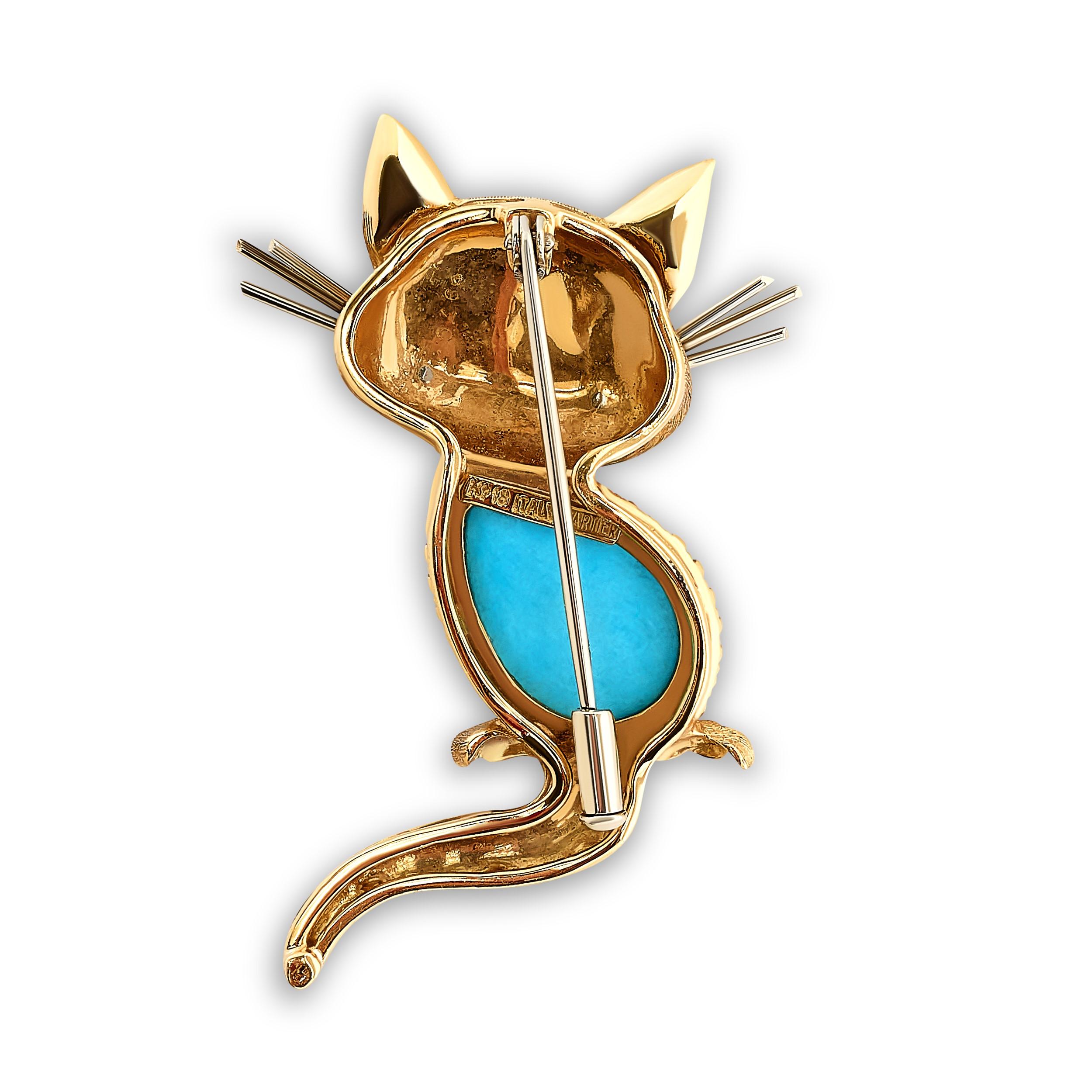 Cabochon Cartier Turquoise Cat Pin in 18 Karat Yellow Gold For Sale
