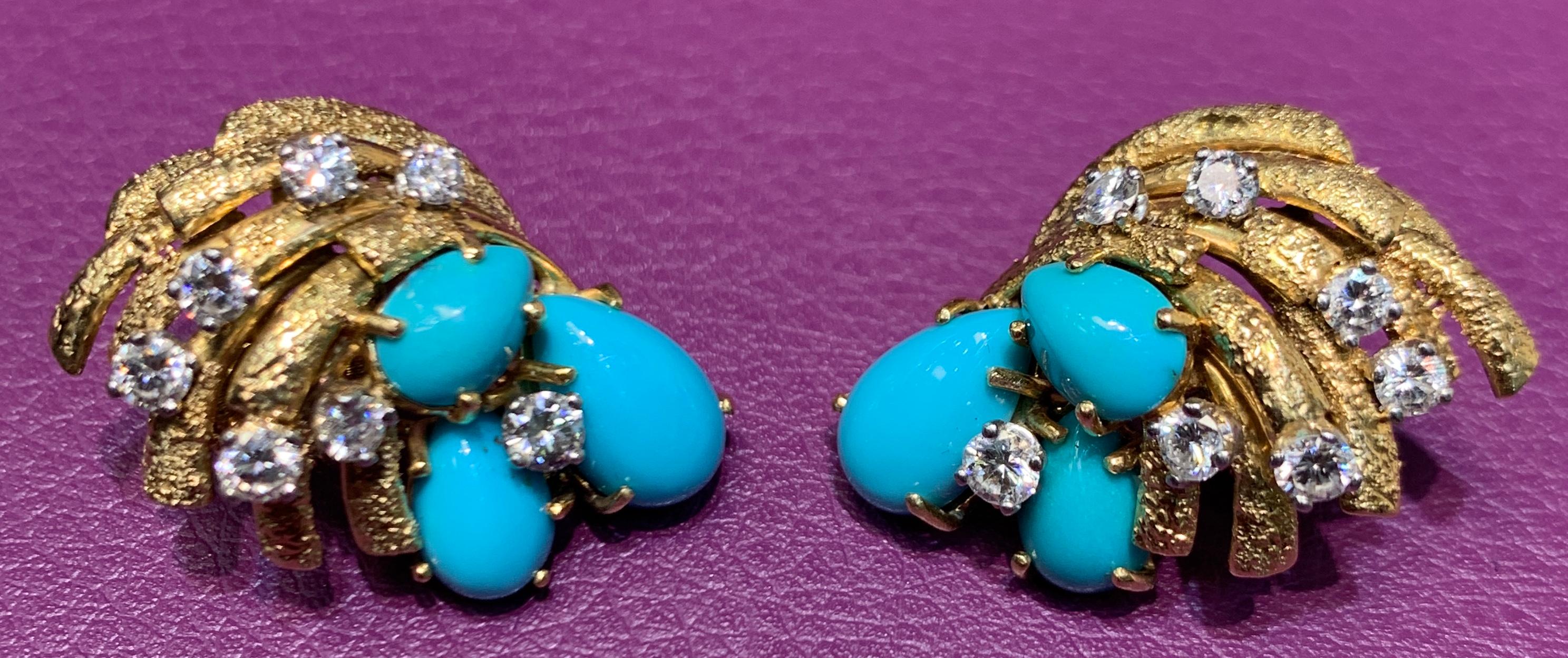 Cabochon Cartier Turquoise and Diamond Earrings