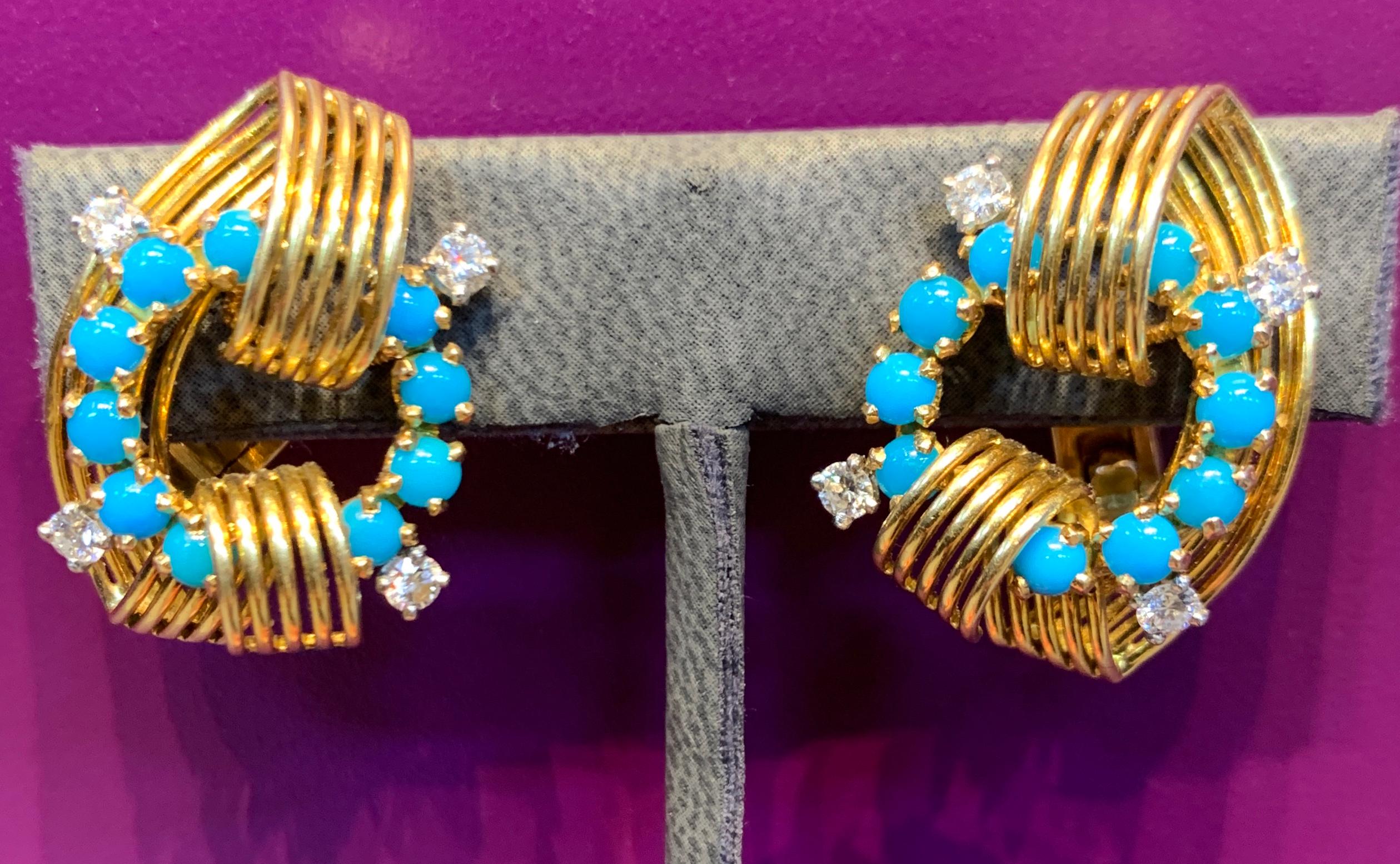  Cartier Turquoise & Diamond Gold Earrings 
18k Yellow Gold
Measurements: 1” long
Back Type: clip on
Signed Cartier Paris & numbered 
