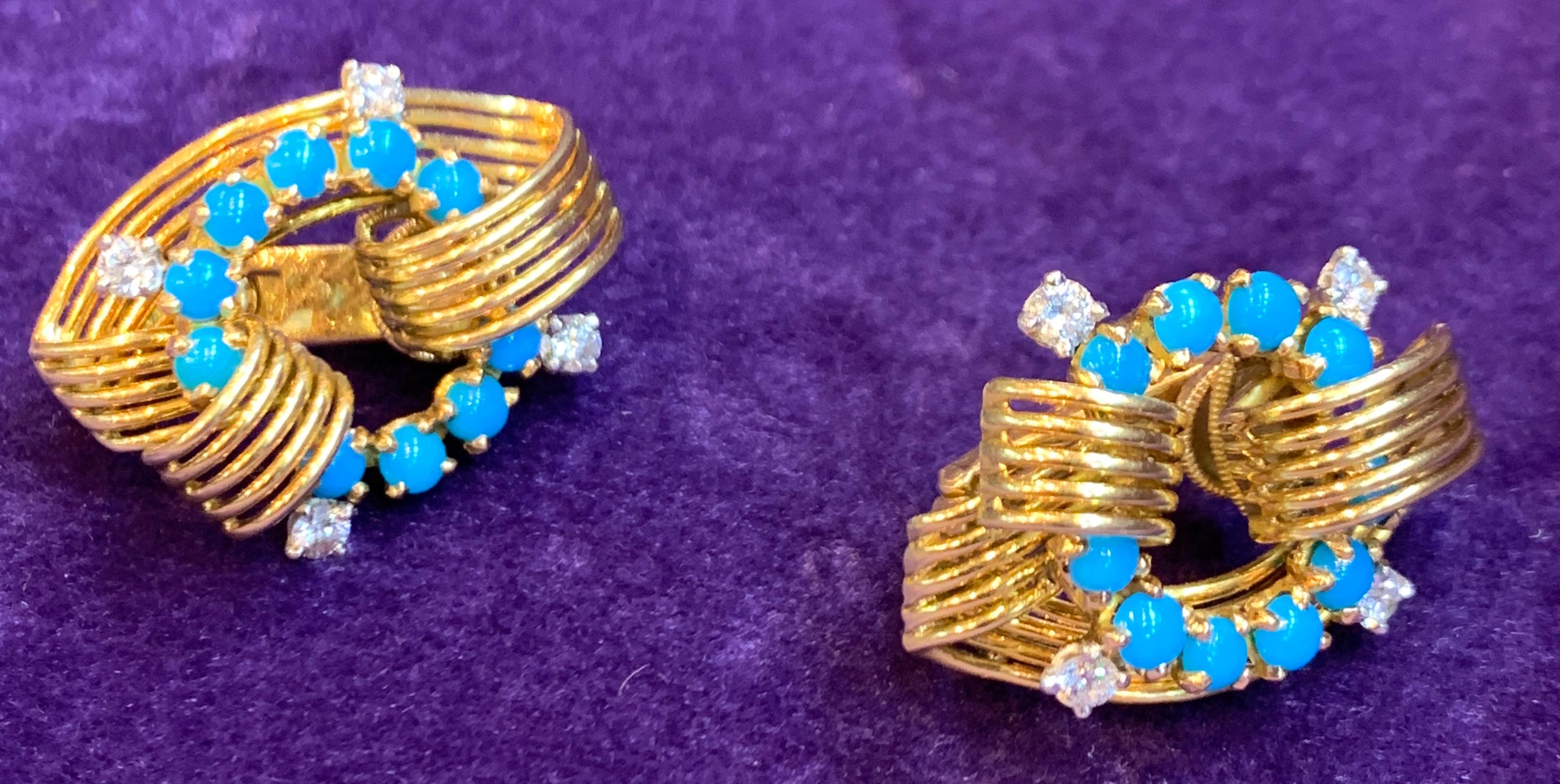Round Cut Cartier Turquoise and Diamond Gold Earrings
