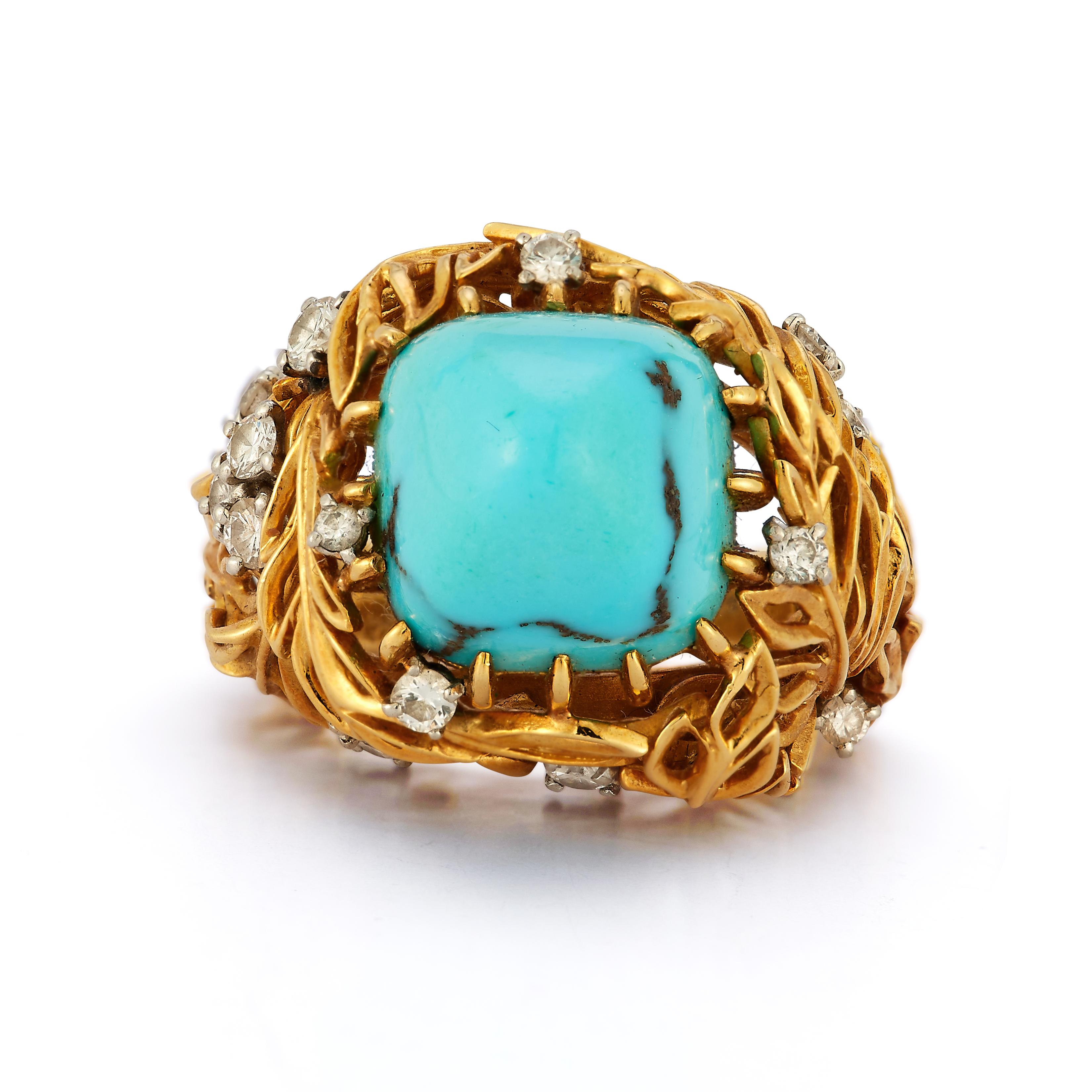 Experience the exquisite beauty of this Cartier Turquoise and Diamond Ring, a captivating piece that showcases a stunning turquoise centerpiece framed by sparkling round cut diamonds. The design features an elegant carved leaf motif, all crafted in