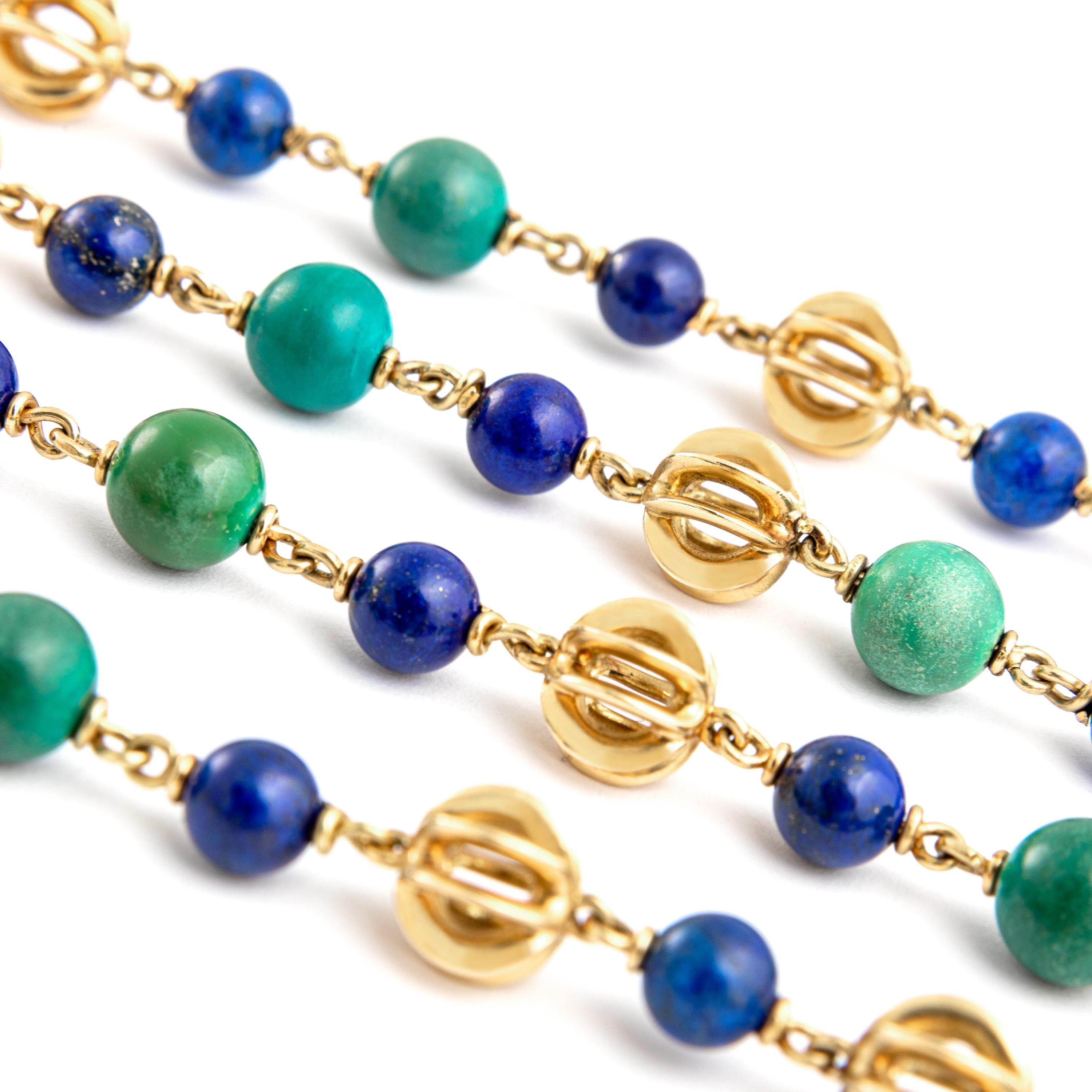 Bead Cartier Turquoise Lapis Lazuli Gold Sautoir Necklace, 1970s