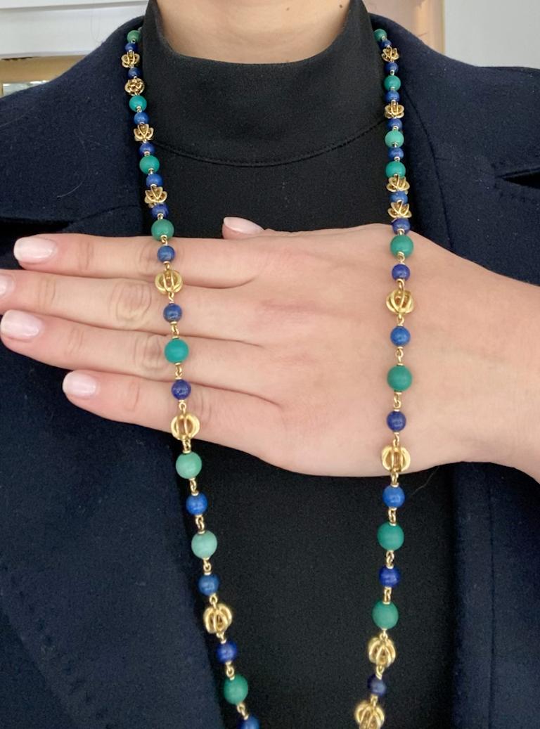 Women's or Men's Cartier Turquoise Lapis Lazuli Gold Sautoir Necklace, 1970s