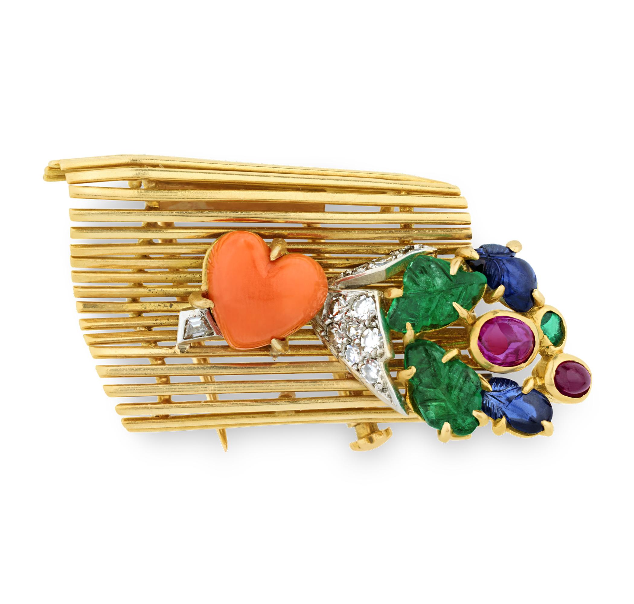 Round Cut Cartier Tutti Frutti Lovers Bench Brooch For Sale