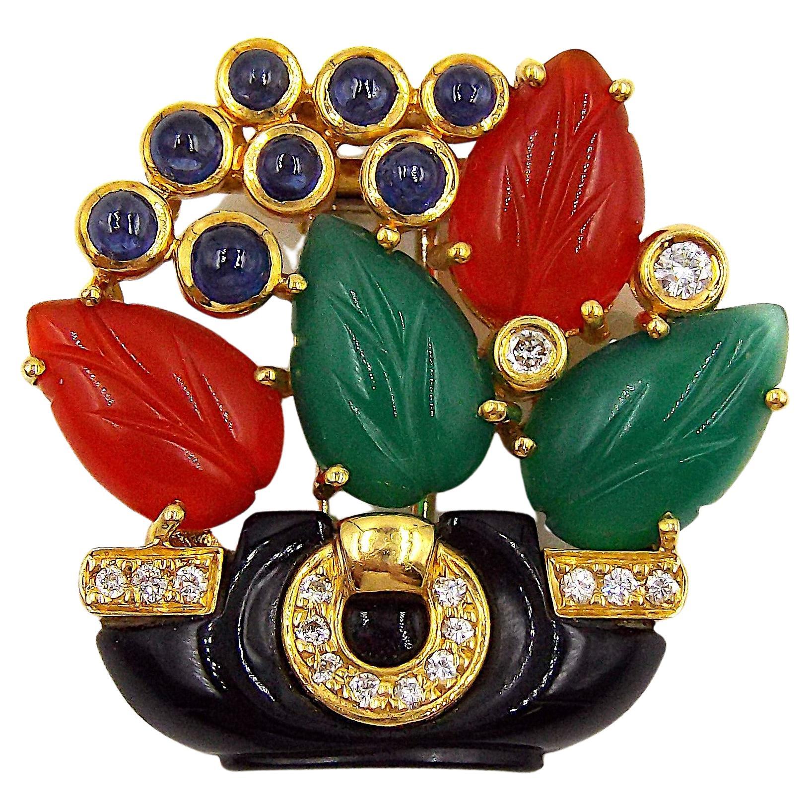 Cartier Tutti Frutti 18 Karat Gelbgold Diamant-Brosche/Anstecknadel mit mehreren Edelsteinen