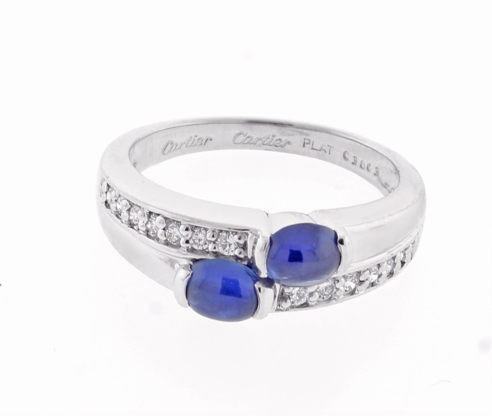 ♦ Designer: Cartier
♦ Metal:Platinum
♦ Gem stone: 16 Diamonds=.25 carats
♦ Gem stone: 2 Sapphires=.85 carats
♦ Circa 1995
♦ Size 6½, Resizable Limited
♦ Packaging:Cartier Boxes
♦ Condition: Excellent , pre-owned
♦ Price: Based on the market, prices