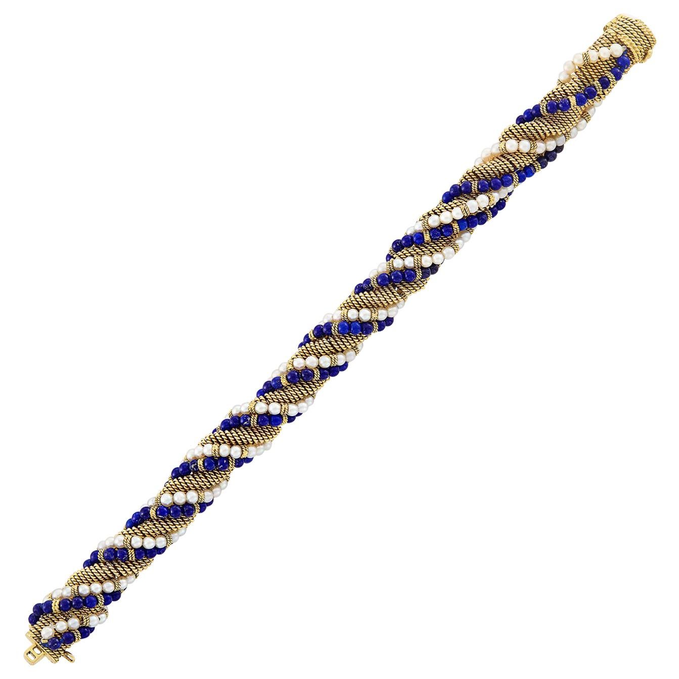 Cartier Twisted Gold, Lapis and Cultured Pearl Bracelet For Sale