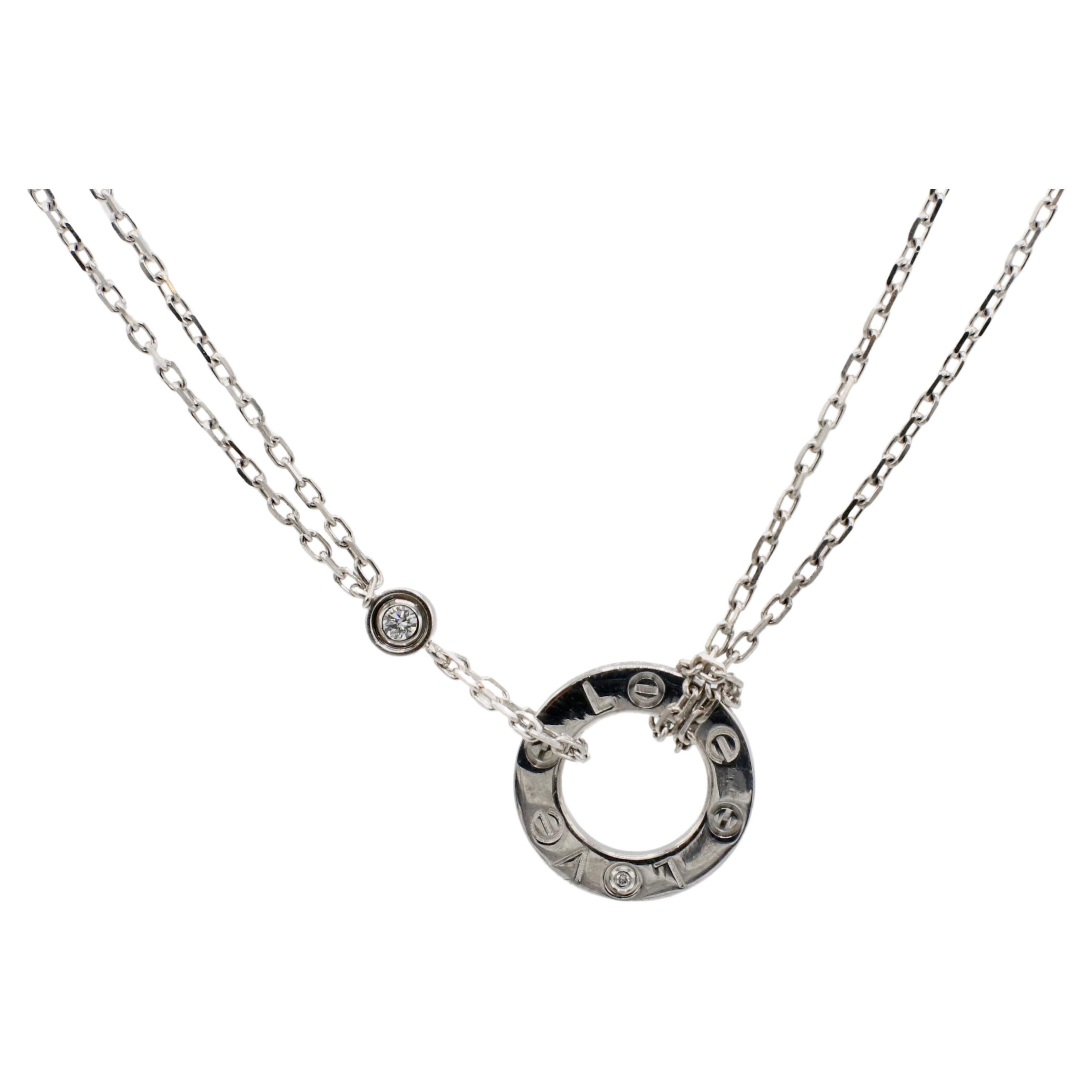 Cartier Two Diamond Love Necklace 18 Karat White Gold
Metal: 18k white gold
Weight: 6.51 grams
Diamond: 0.03 CTW round E-F VVS natural diamonds
Retail: $2,800 USD
Length: 15 - 16.1 inches
Note: Box & Papers
