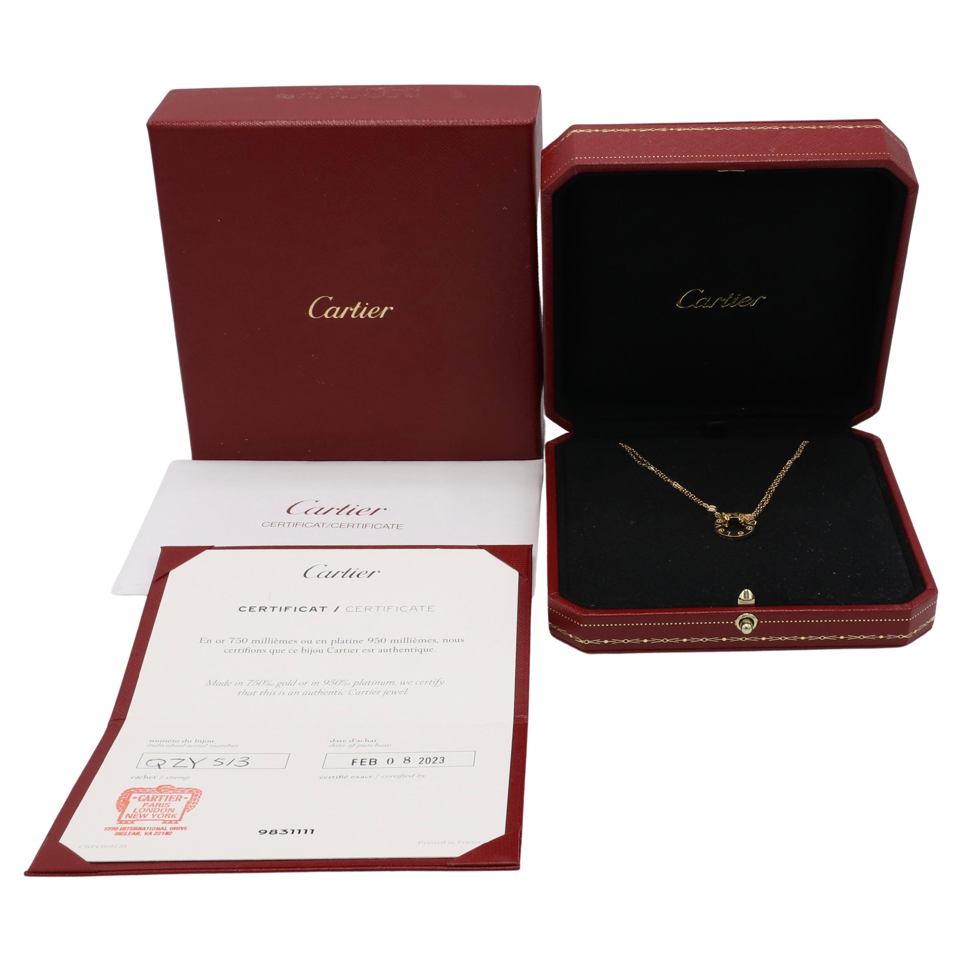 Cartier Two Diamond Love Necklace 18 Karat Yellow Gold 
Metal: 18 karat yellow gold
Weight: 6.2 grams
Diamonds: 0.03 CTW round E-F VVS natural diamonds
Chain: 15 - 16.1 inches 
Retail: $2,620 USD
Inner diameter: 0.3 inch
Notes: Box & Papers
