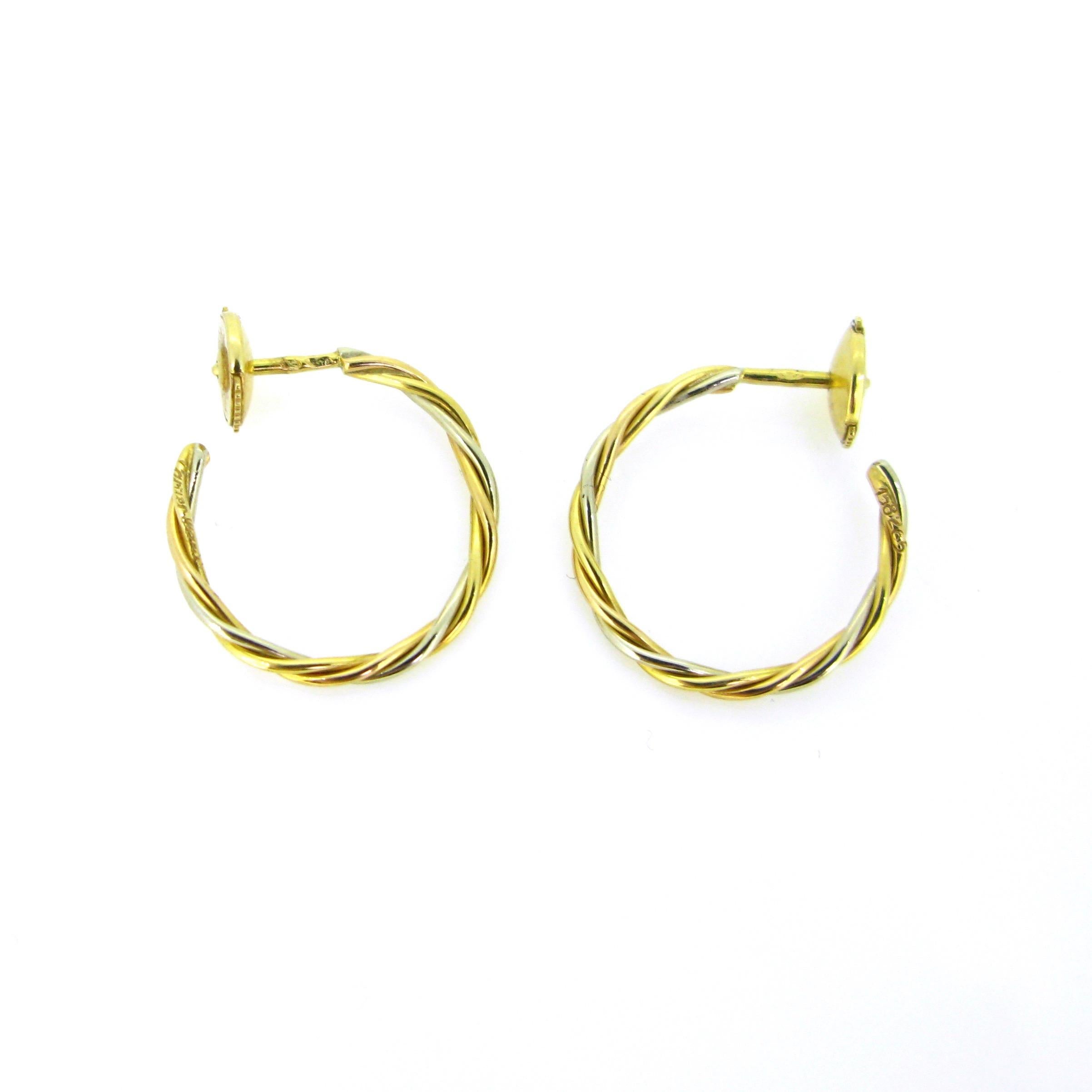 Women's or Men's Cartier Yellow White Two Gold Hoop Studs Earrings