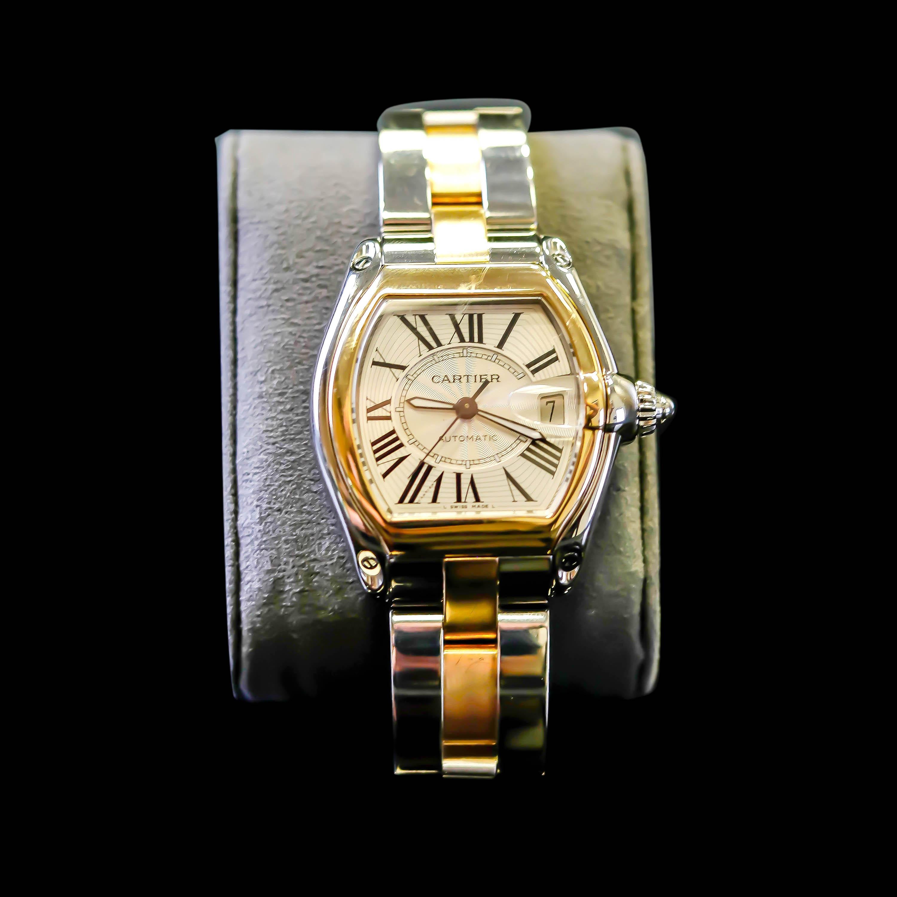 Cartier Two-Tone 18 Karat Gold and Stainless Roadster Large Size Mens Watch 2510 For Sale 3