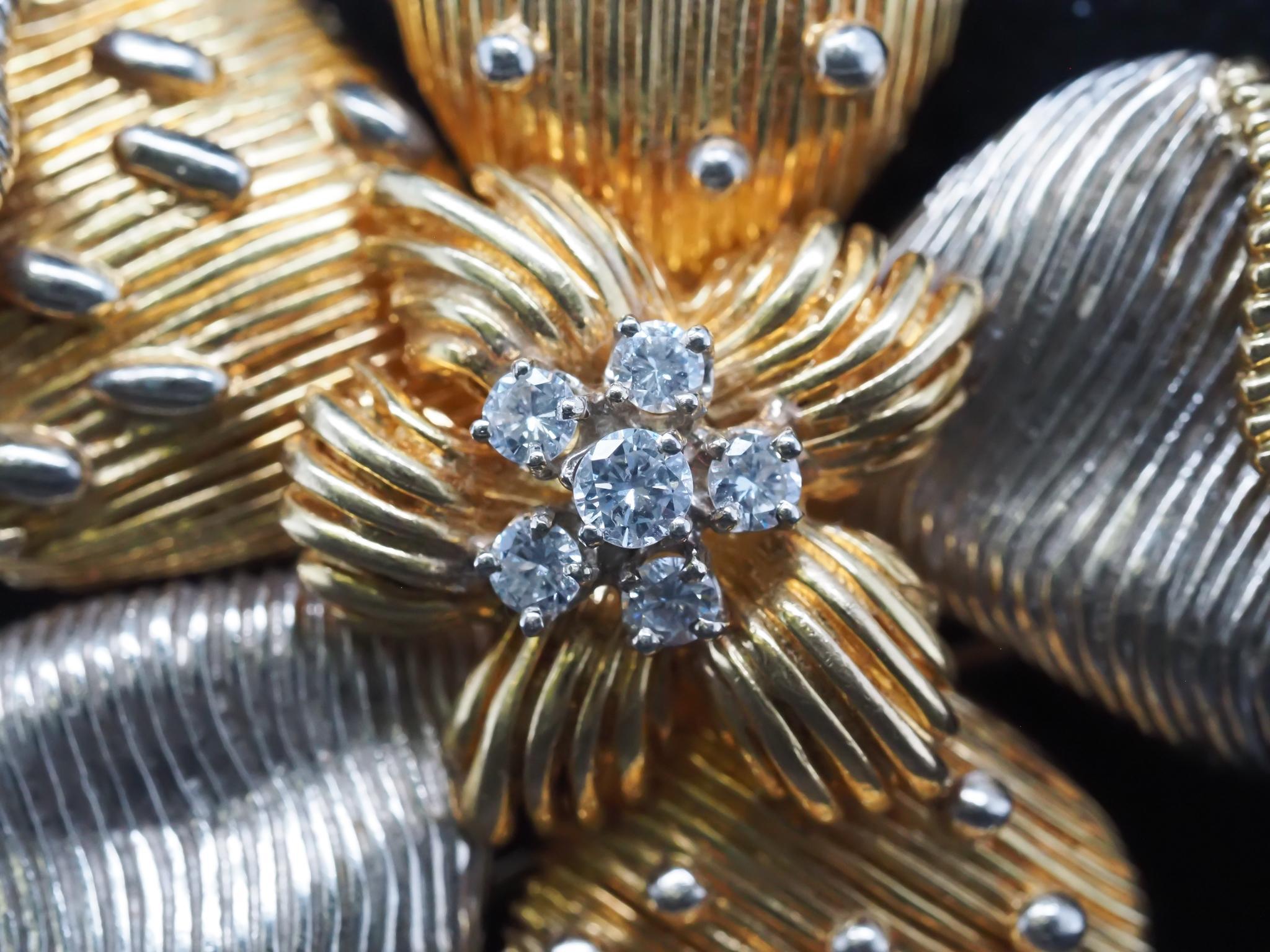 Cartier Two Tone 18K Gold and Diamond Flower Brooch For Sale 6