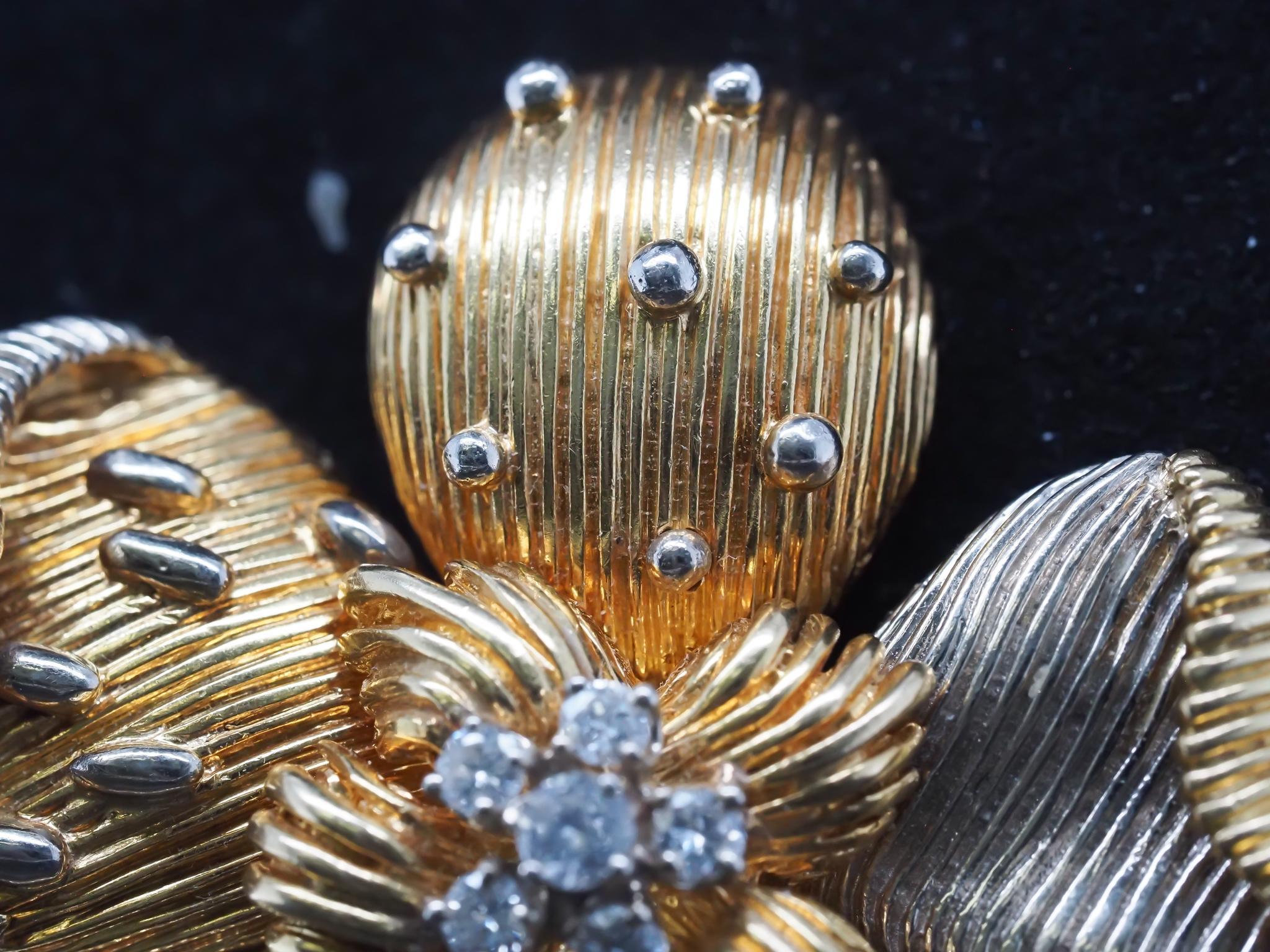 Cartier Two Tone 18K Gold and Diamond Flower Brooch For Sale 7