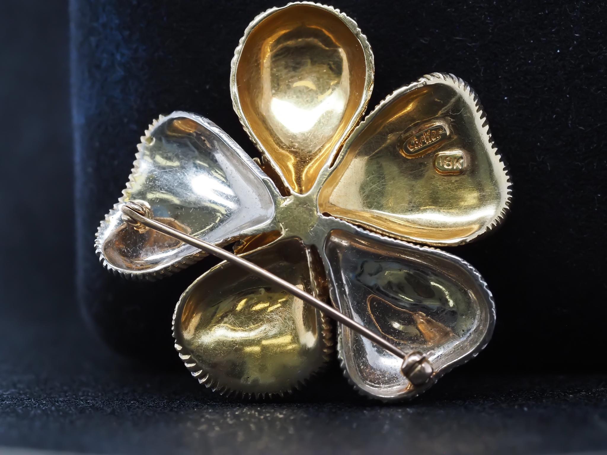 Cartier Two Tone 18K Gold and Diamond Flower Brooch For Sale 8