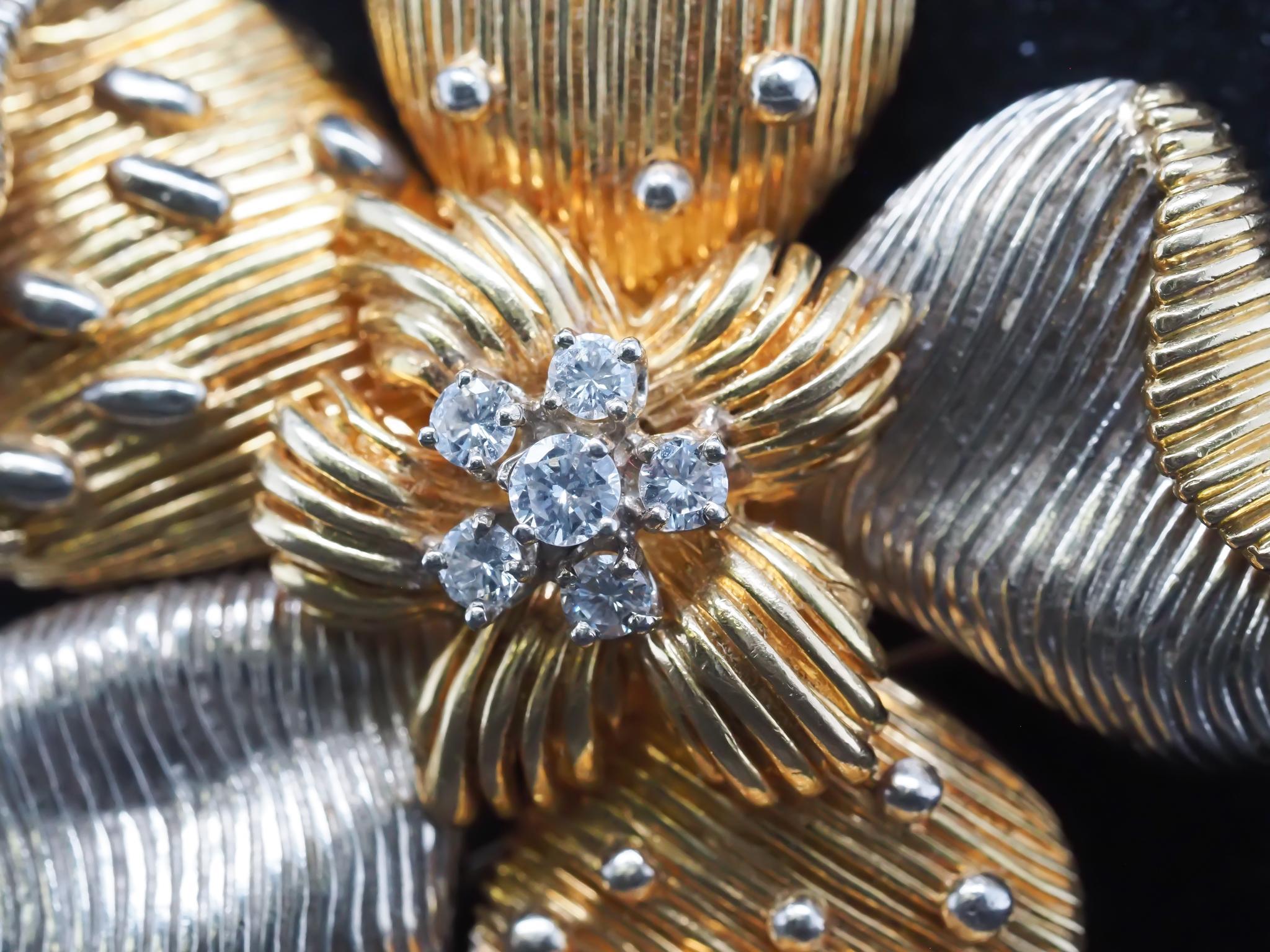 Cartier Two Tone 18K Gold and Diamond Flower Brooch For Sale 1