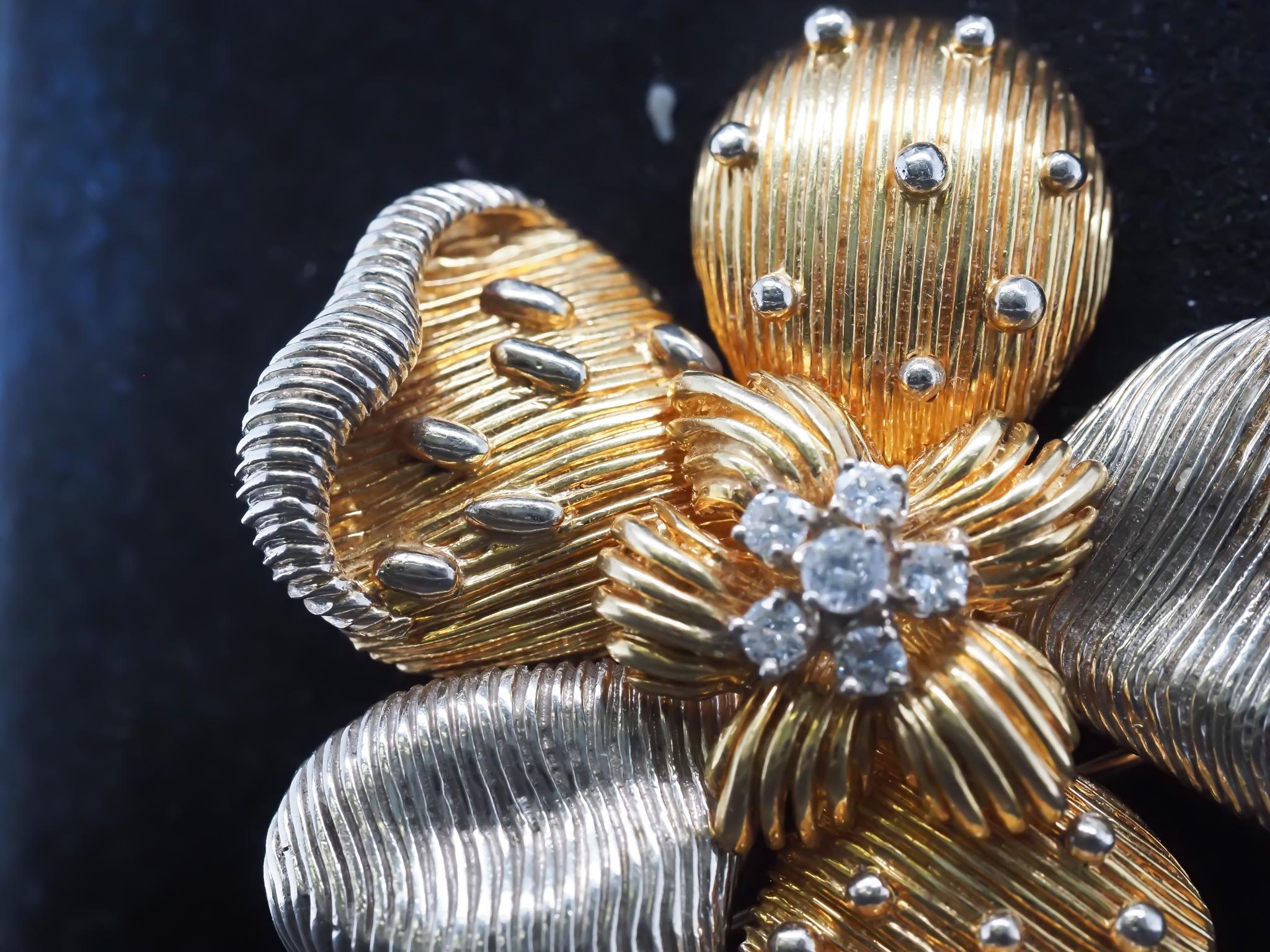 Cartier Two Tone 18K Gold and Diamond Flower Brooch For Sale 4