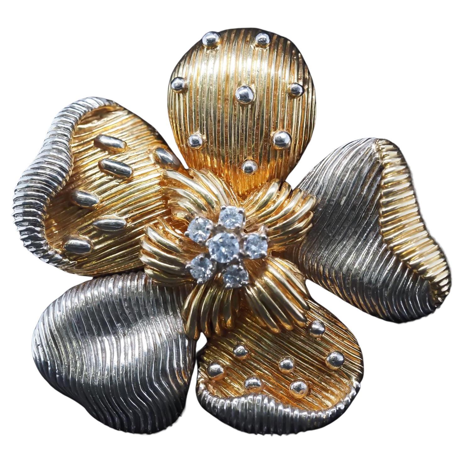 Cartier Two Tone 18K Gold and Diamond Flower Brooch