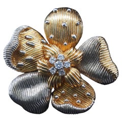 Cartier Two Tone 18K Gold and Diamond Flower Brooch