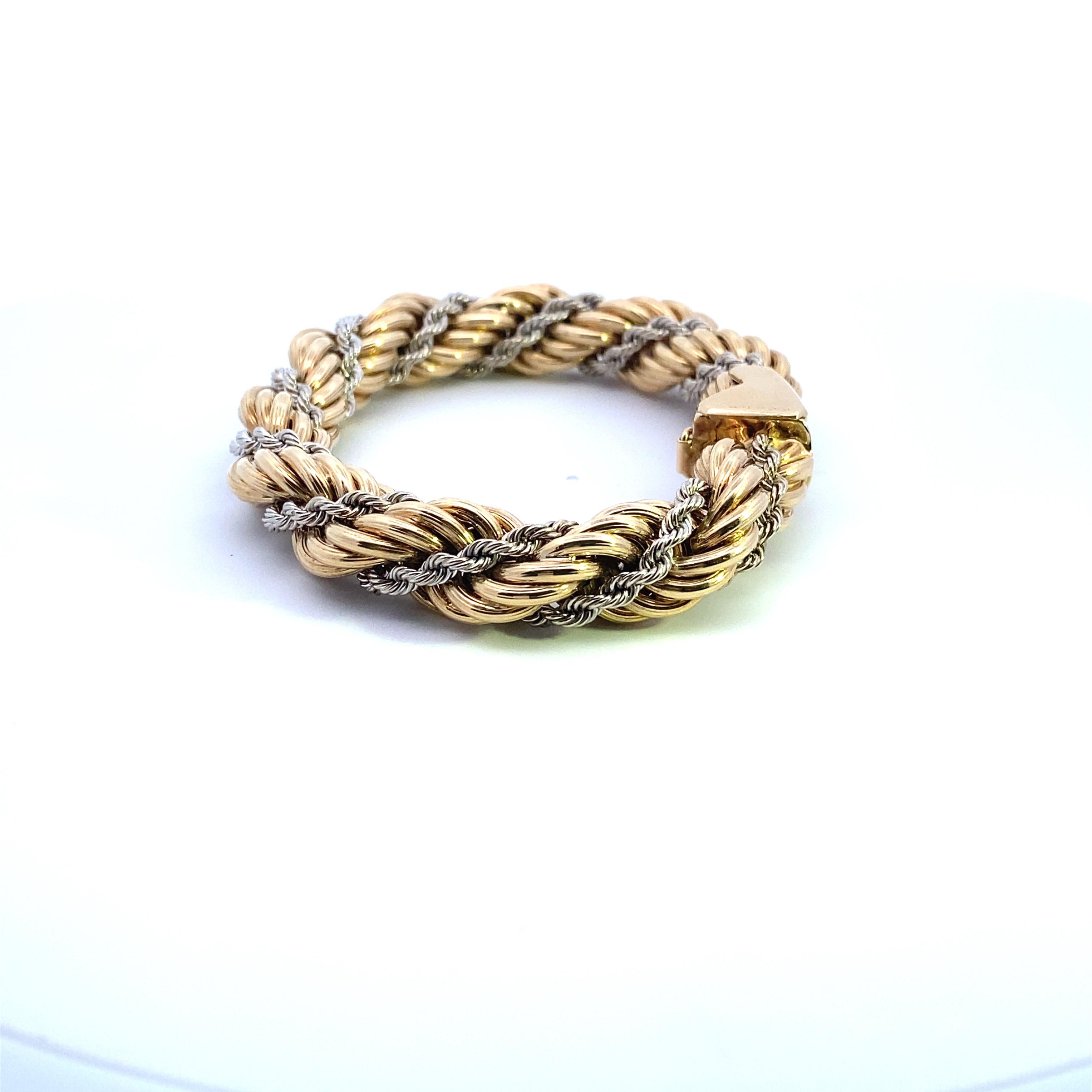 Pulsera de cuerda trenzada Cartier de oro bicolor de 12 mm con cierre de caja y cierre de seguridad. Finca de la década de 1980. 205 mm/8