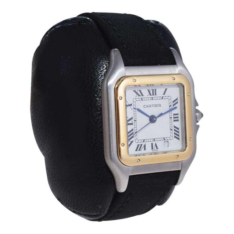 Art Deco Cartier Two Tone Steel and 18Kt. Gold Panthere Strap Watch with Cartier Buckle For Sale