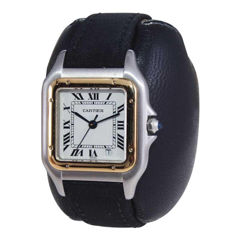 Cartier Two Tone Steel and 18Kt. Gold Panthere Strap Watch with Cartier Buckle In Excellent Condition For Sale In Long Beach, CA