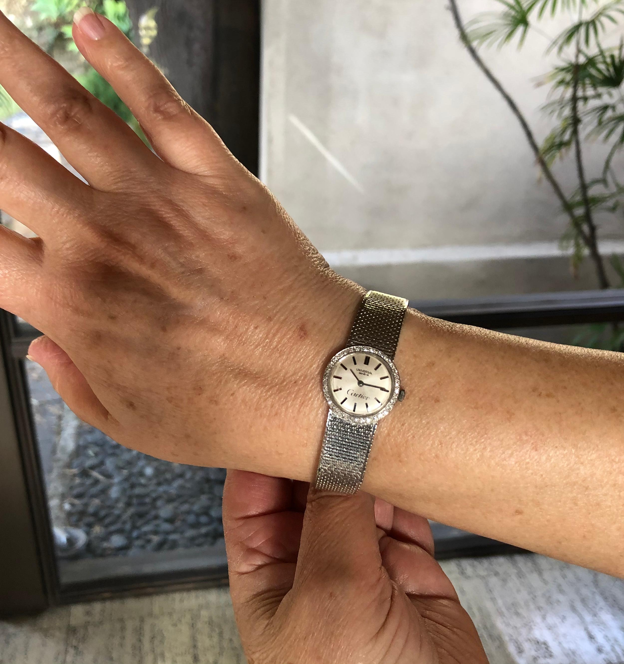 Cartier Universal Geneve 18 Karat White Gold Diamond Ladies Swiss Wristwatch For Sale 1