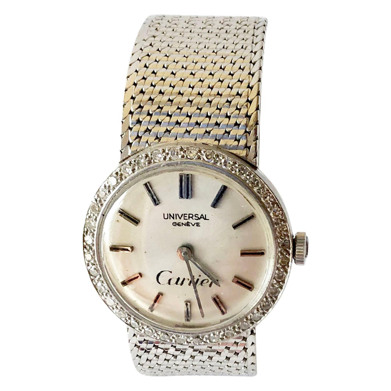 Cartier Universal Geneve 18 Karat White Gold Diamond Ladies Swiss Wristwatch For Sale