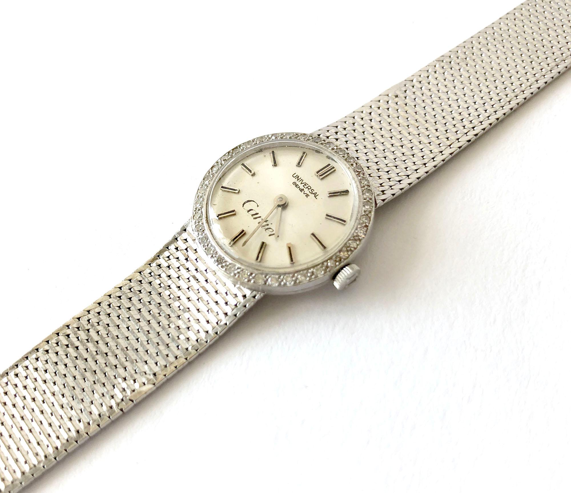 Modernist Cartier Universal Geneve 18 Karat White Gold Diamond Ladies Swiss Wristwatch For Sale