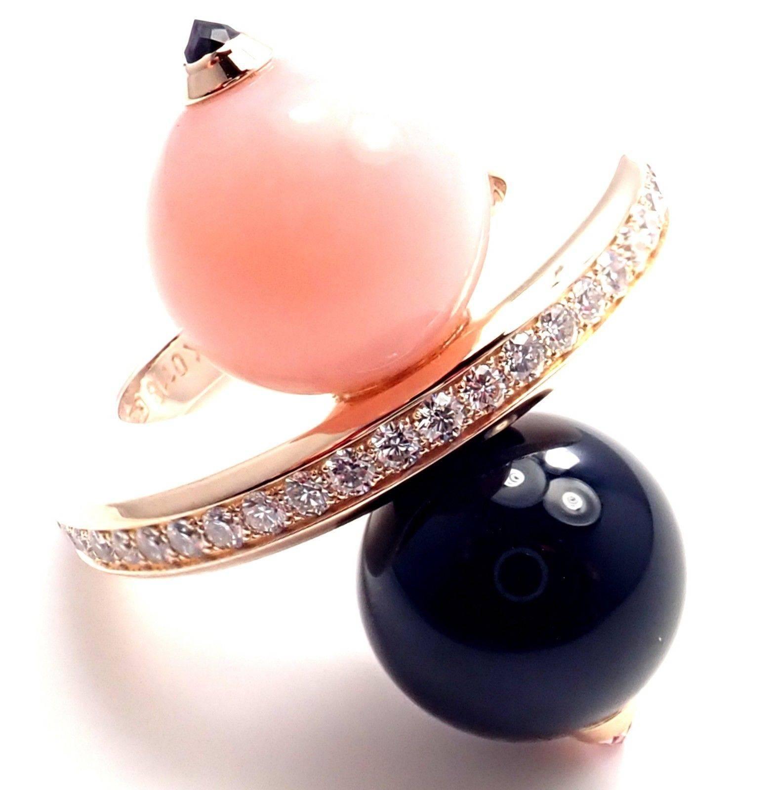 18k Rose Gold Diamond Pink Opal And Black Onyx Beads, Pink Sapphire Évasions Joaillières RIng by Cartier.
With 33 round brilliant cut diamonds VVS1 clarity, E color total weight approx. .66ct
1 pink opal bead 11mm
1 black onyx bead 11mm
Black and