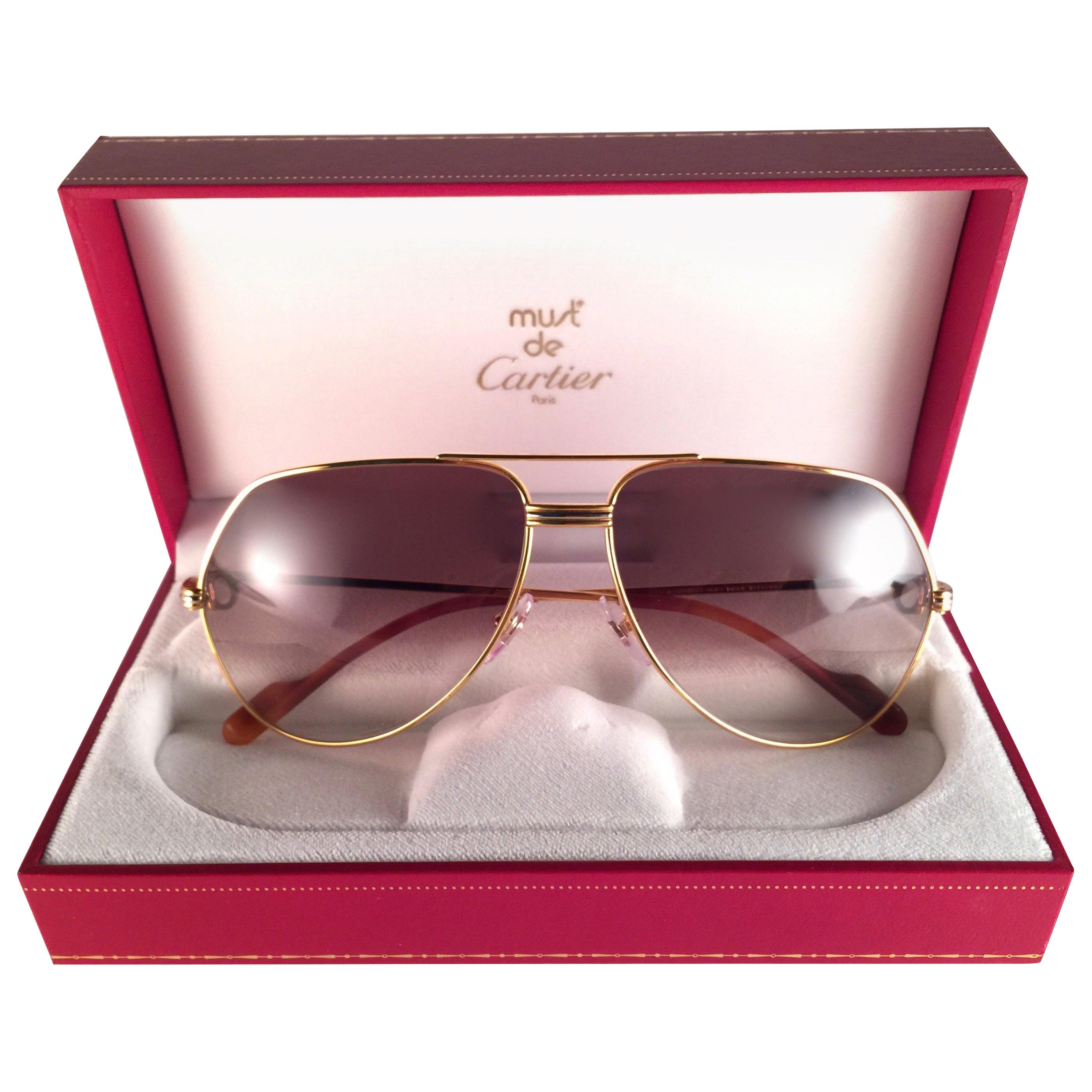 Mint Cartier Vendome 56 MM Gold Brown Lens Heavy Plated Sunglasses France For Sale