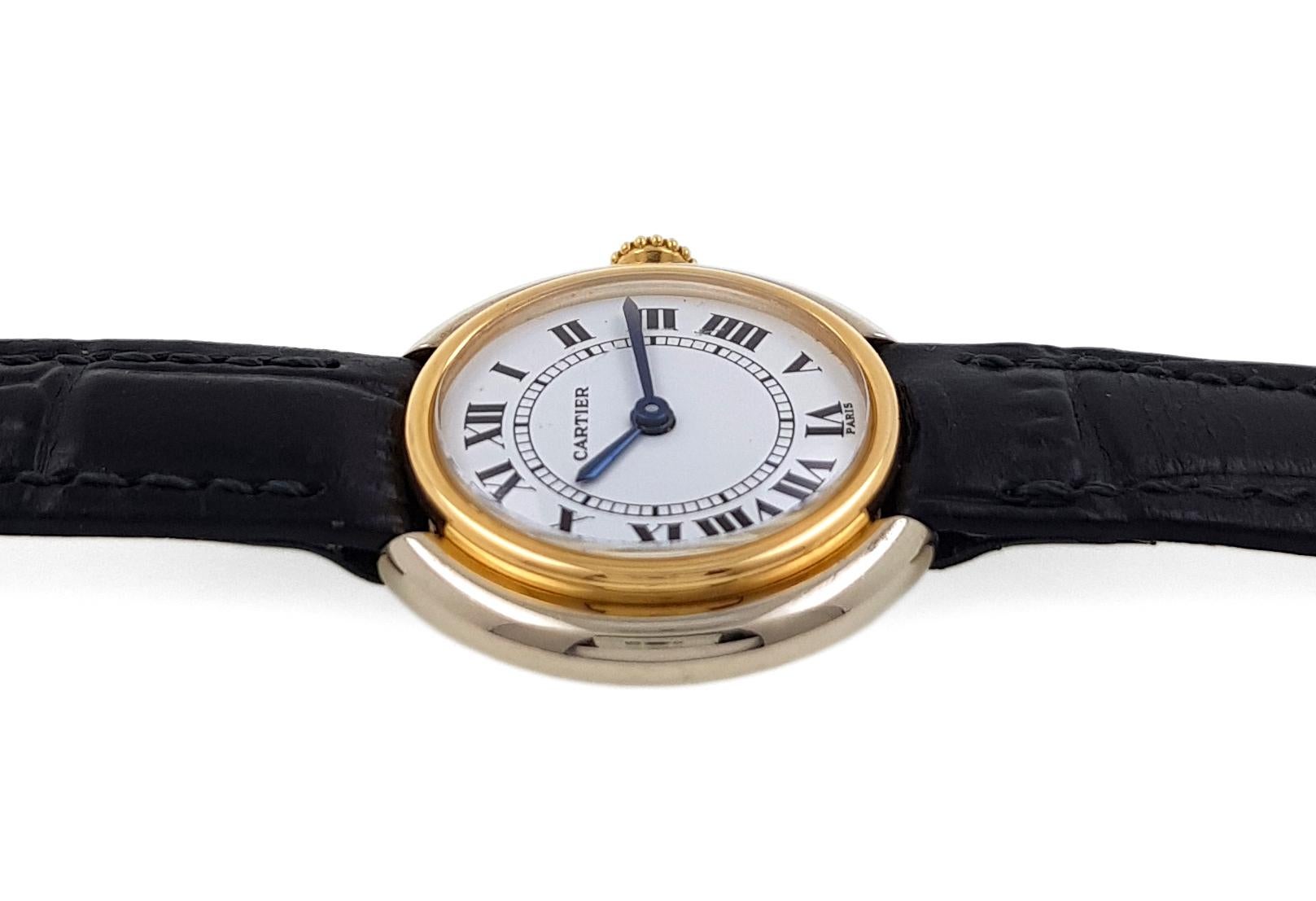 Cartier Vendome Ellipse Gondole Paris Dial 67113 from 1977 18k Yellow White Gold In Excellent Condition For Sale In Neuilly-sur-Seine, IDF