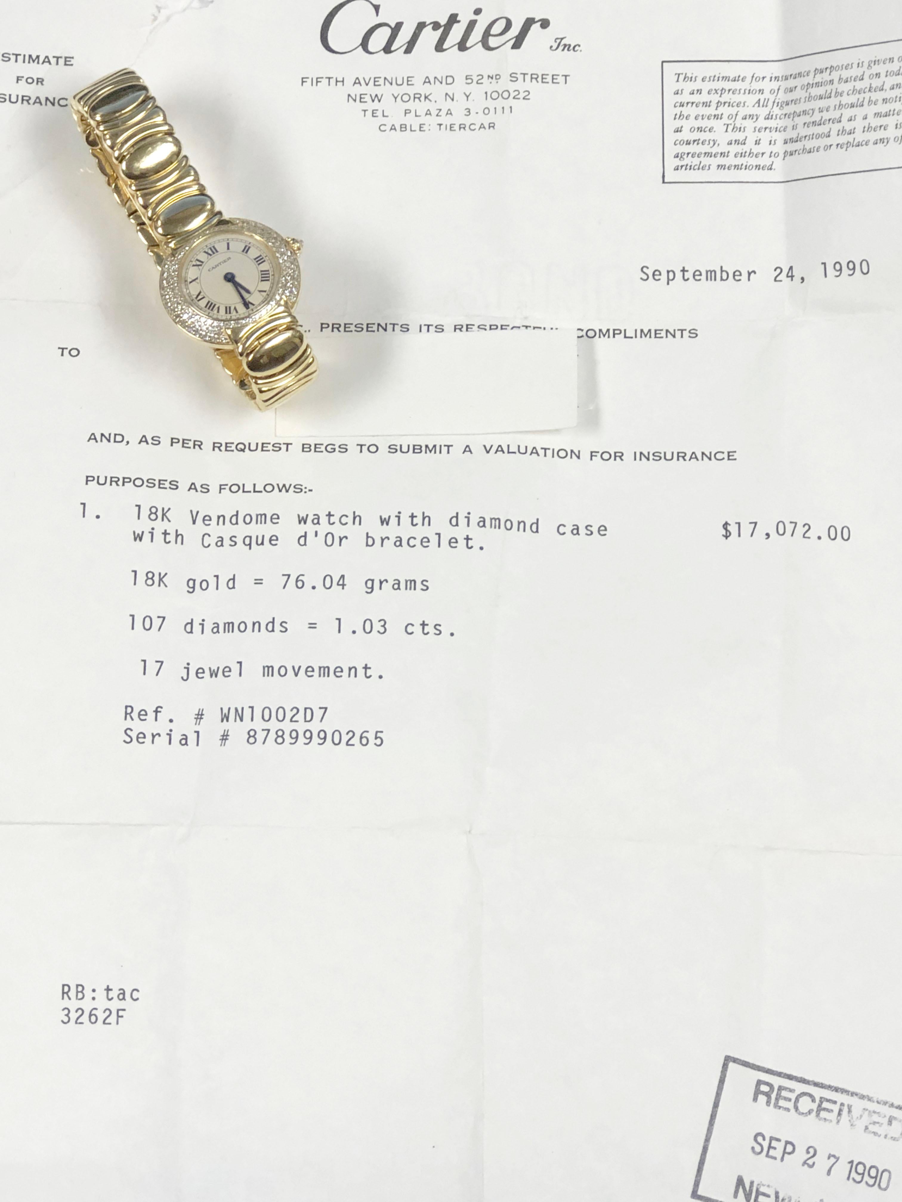 Cartier Vendome Damen Gelbgold und Diamanten Mechanische Armbanduhr im Angebot 3