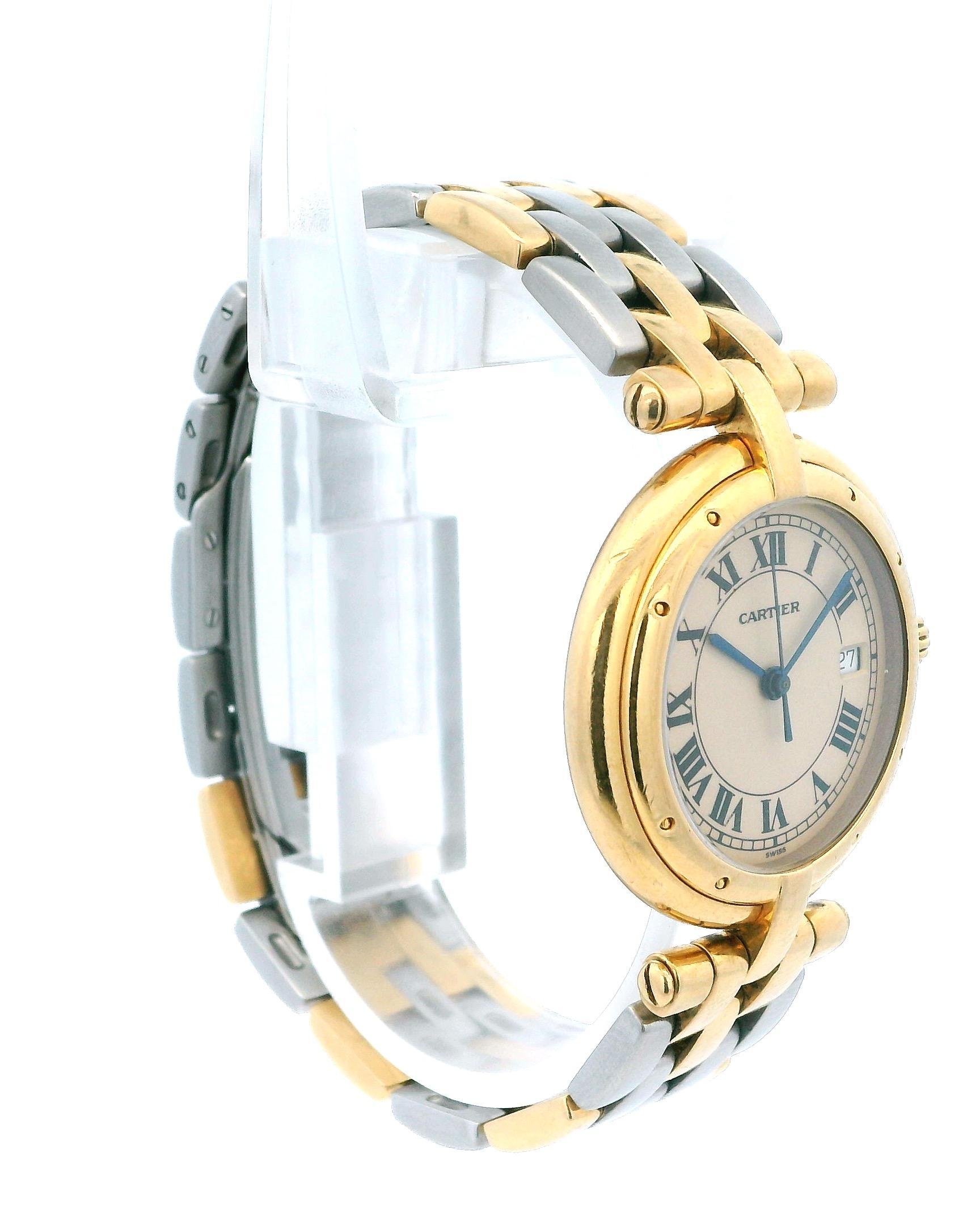 Montre Cartier Panthère Vendôme pour femme, numéro de modèle 8839647. Elle est dotée d'un boîtier de 29,6 mm en or jaune 18 carats et d'une lunette assortie en or jaune 18 carats. La montre présente un cadran ivoire orné d'aiguilles en acier bleu et