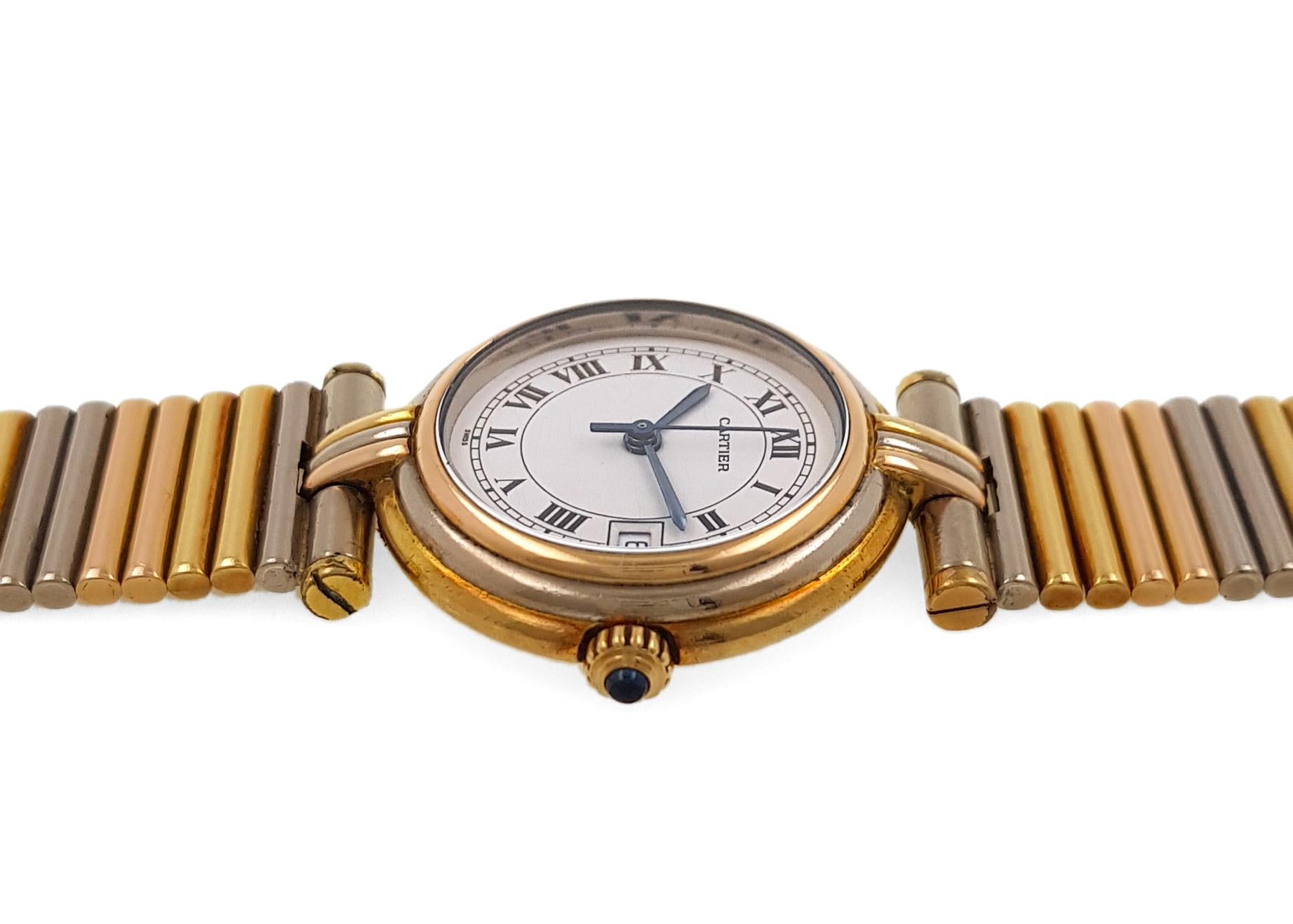 Cartier Vendome Louis Cartier Trinity Date Three 18k Golds with 3 Gold Strap In Excellent Condition For Sale In Neuilly-sur-Seine, IDF