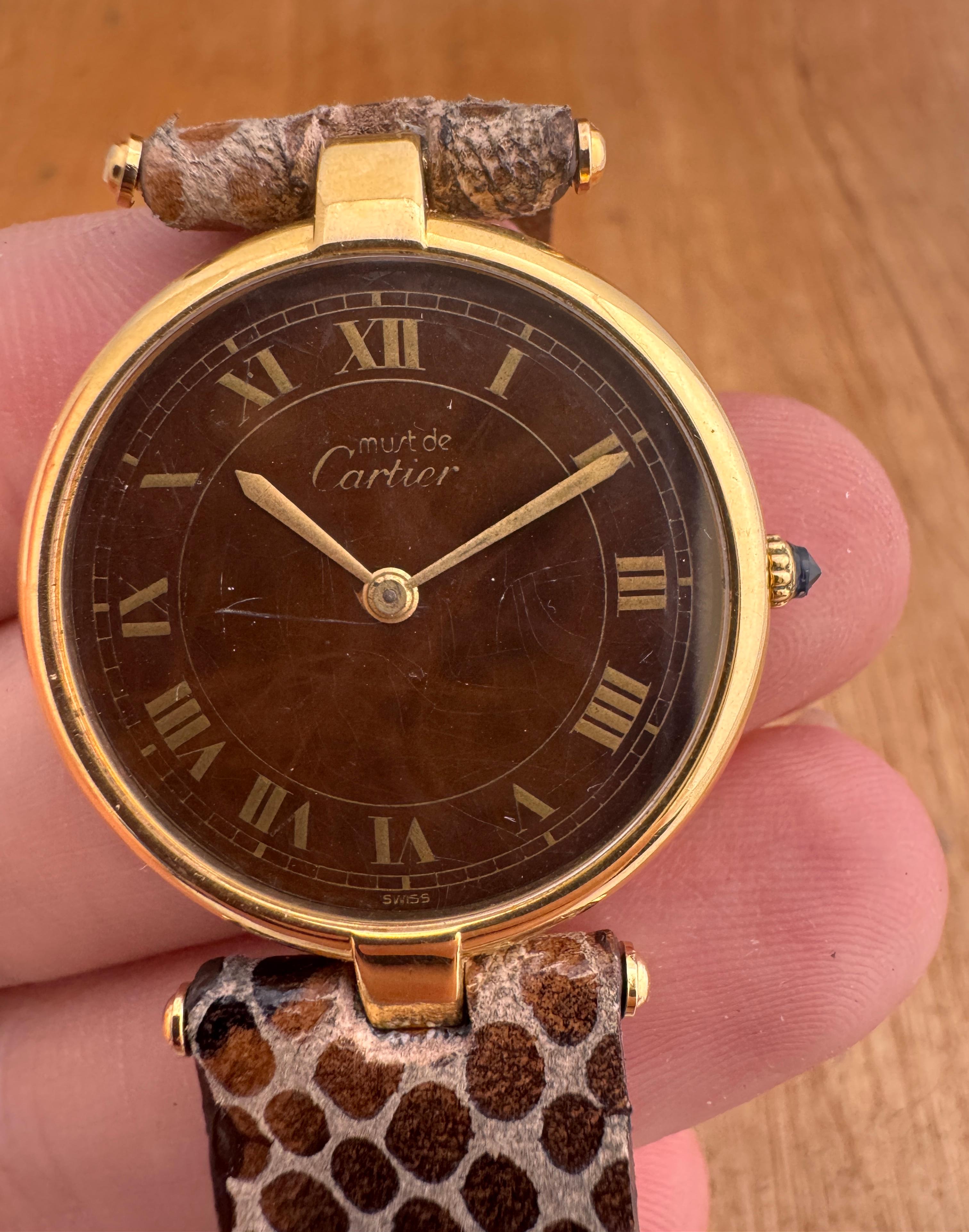 Cartier Vendome Must de CARTIER Vendôme Vermeil Unique Roman Brown Spider Dial W For Sale 15