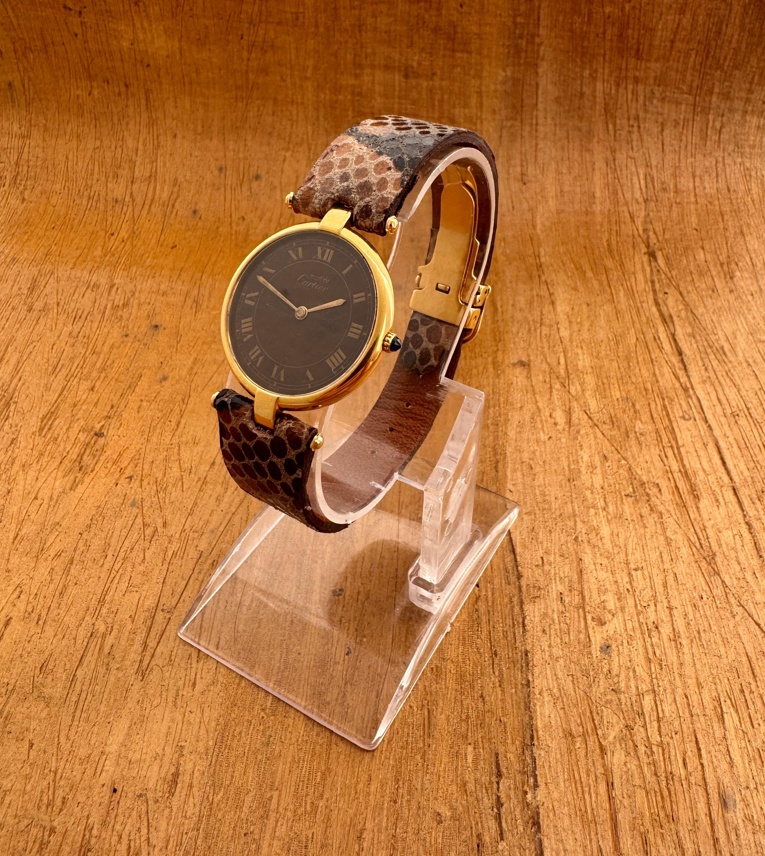 Cartier Vendome Must de CARTIER Vendôme Vermeil Unique Roman Brown Spider Dial W For Sale 1