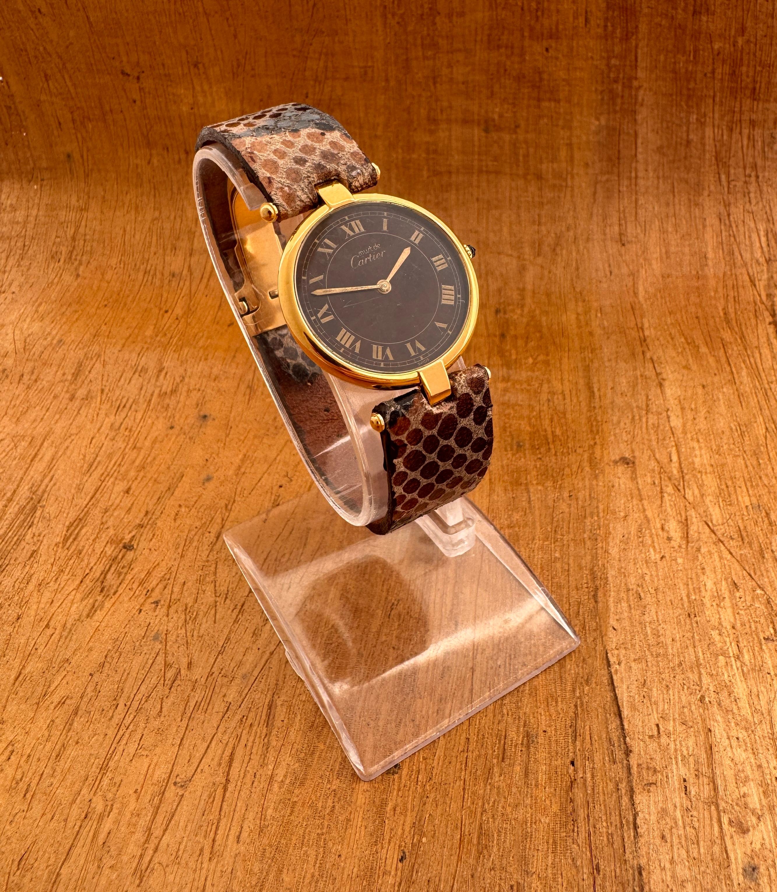 Cartier Vendome Must de CARTIER Vendôme Vermeil Unique Roman Brown Spider Dial W For Sale 3